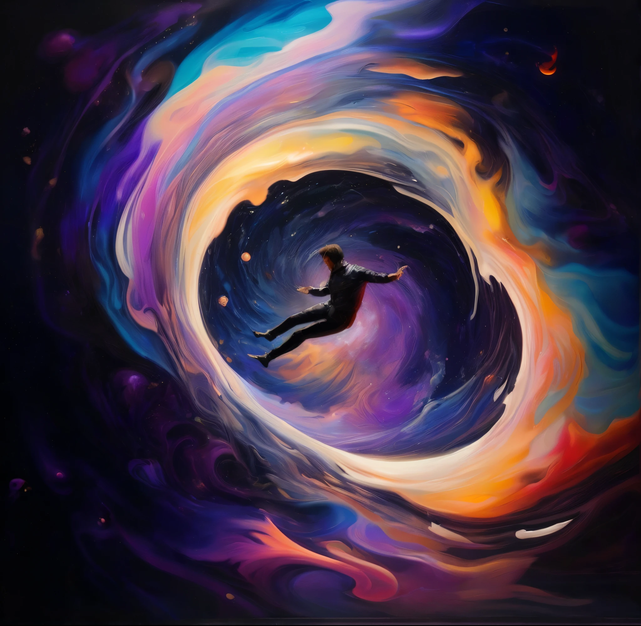 the painting of a man in a black suit is flying through a colorful swirl, floating through space, portal in space, Portal to outer space, flutuando no universo, is being drawn into a blackhole, floating in the space, Portal para outro universo, Flutuando na Nebulosa do Cosmos, Portal do infinito interestelar, saindo de um buraco negro, floating in a cosmic nebula