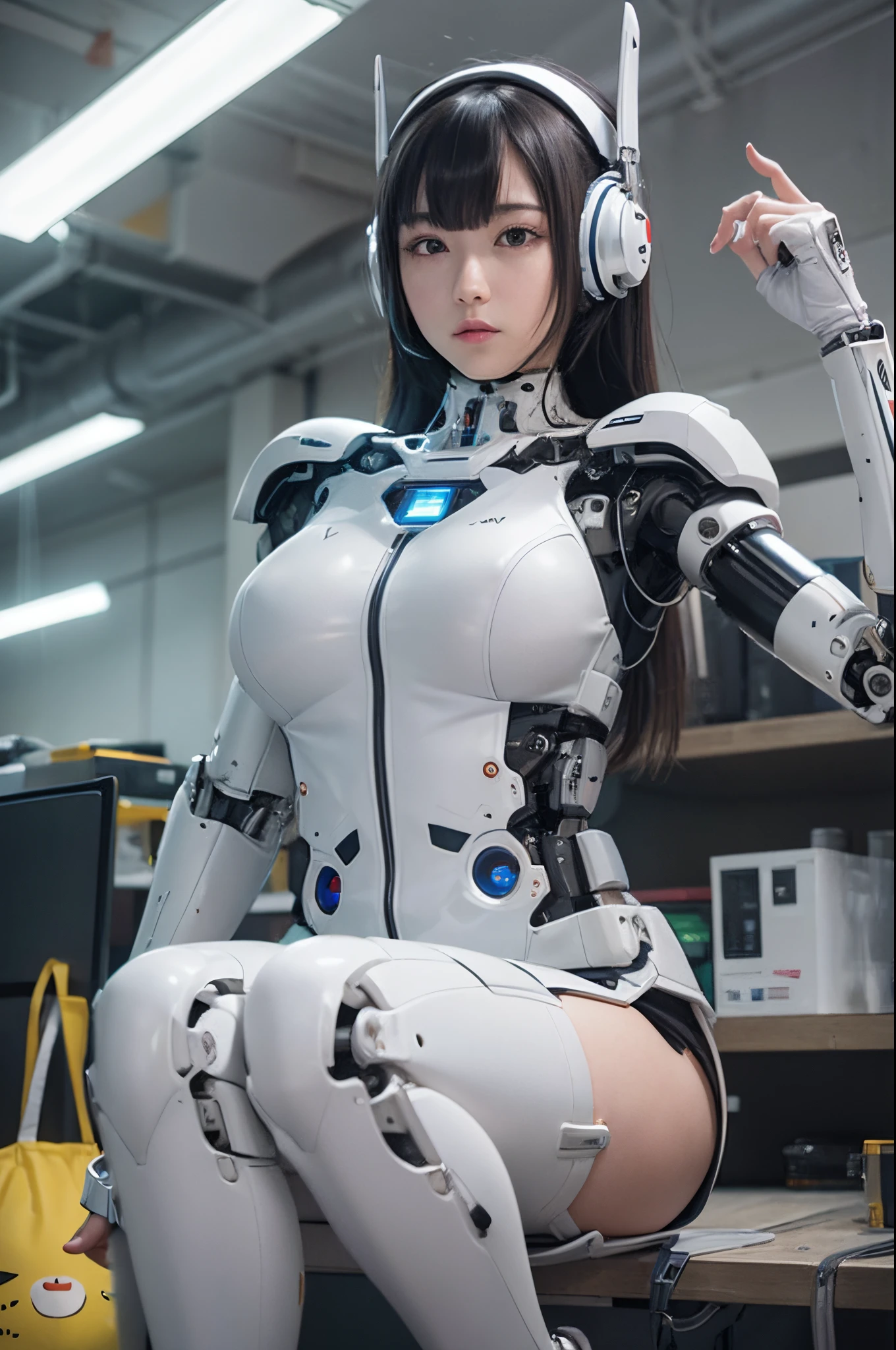 A close up of a woman in a white suit sitting on a chair - SeaArt AI