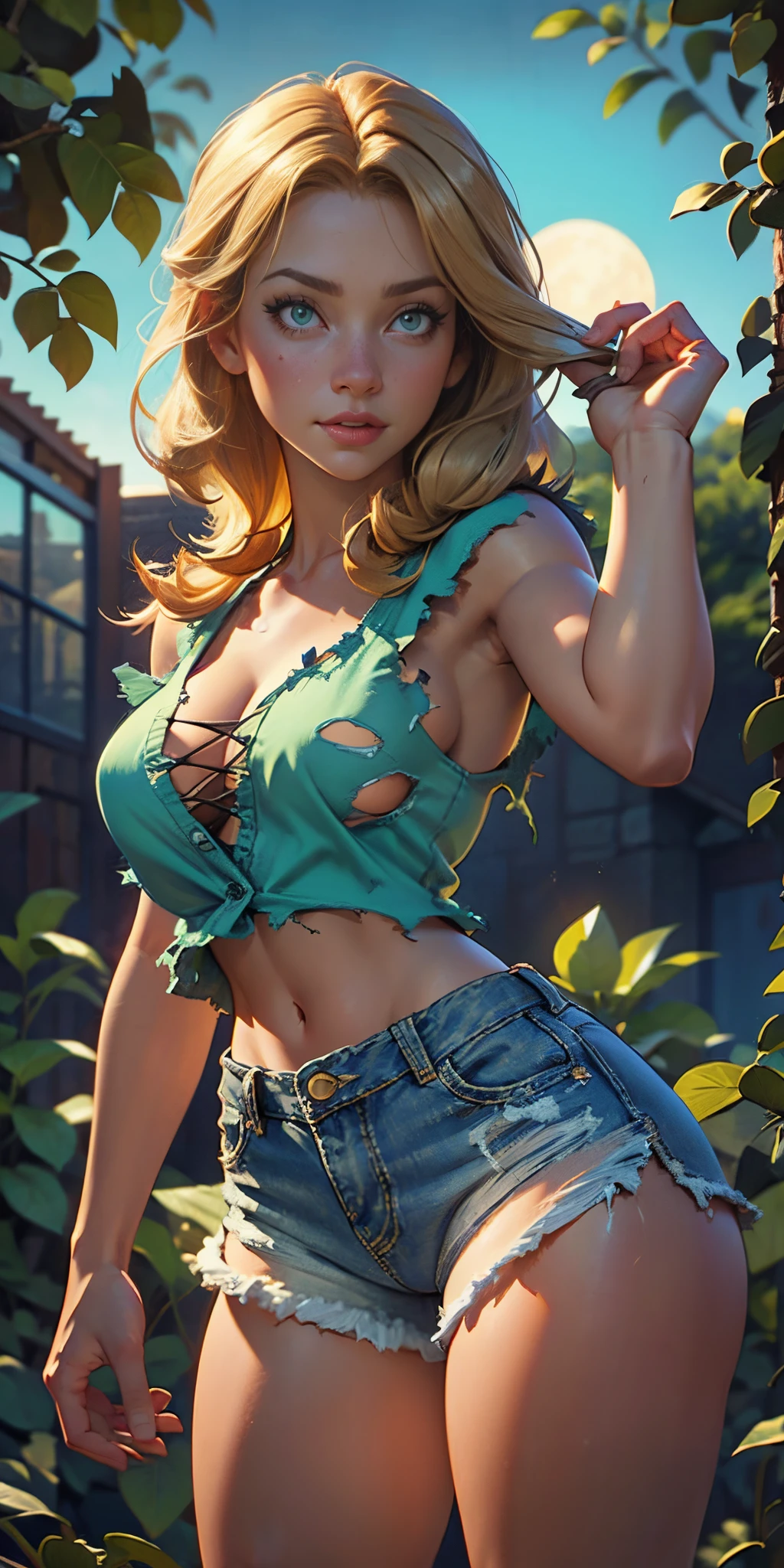 2076 year. The Urban Ruins of the Wasteland, Female huntress picking fruit in the garden, beautiful face, blonde, torn shirt and denim shorts ,  long legs, sweating through, sun rising, Nice warm colors, head to toe full body shot