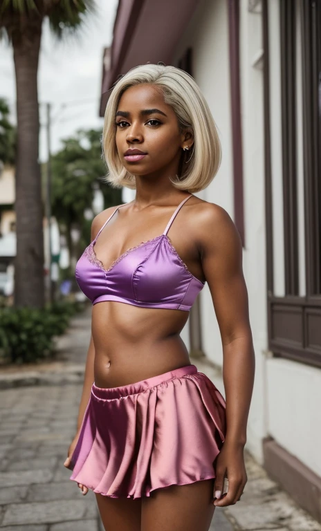 solo full shot of an attractive ((brown skin young woman ))she is beautiful and petite wearing a (( a hot pink satin bralette and purple layered satin mini skirt and chunky heels )) ((lifelike skin texture)) ((very detailed image )) she has a petite figure ((stunning eyes and a sharp nose)) a perfect ((blonde white hair))UHD, a Masterpiece,Realistic textures,(( hyper-realistic)), 8k, photorealistic, XT3 grain,Fujifilm((ines c dos santos)) standing in a street