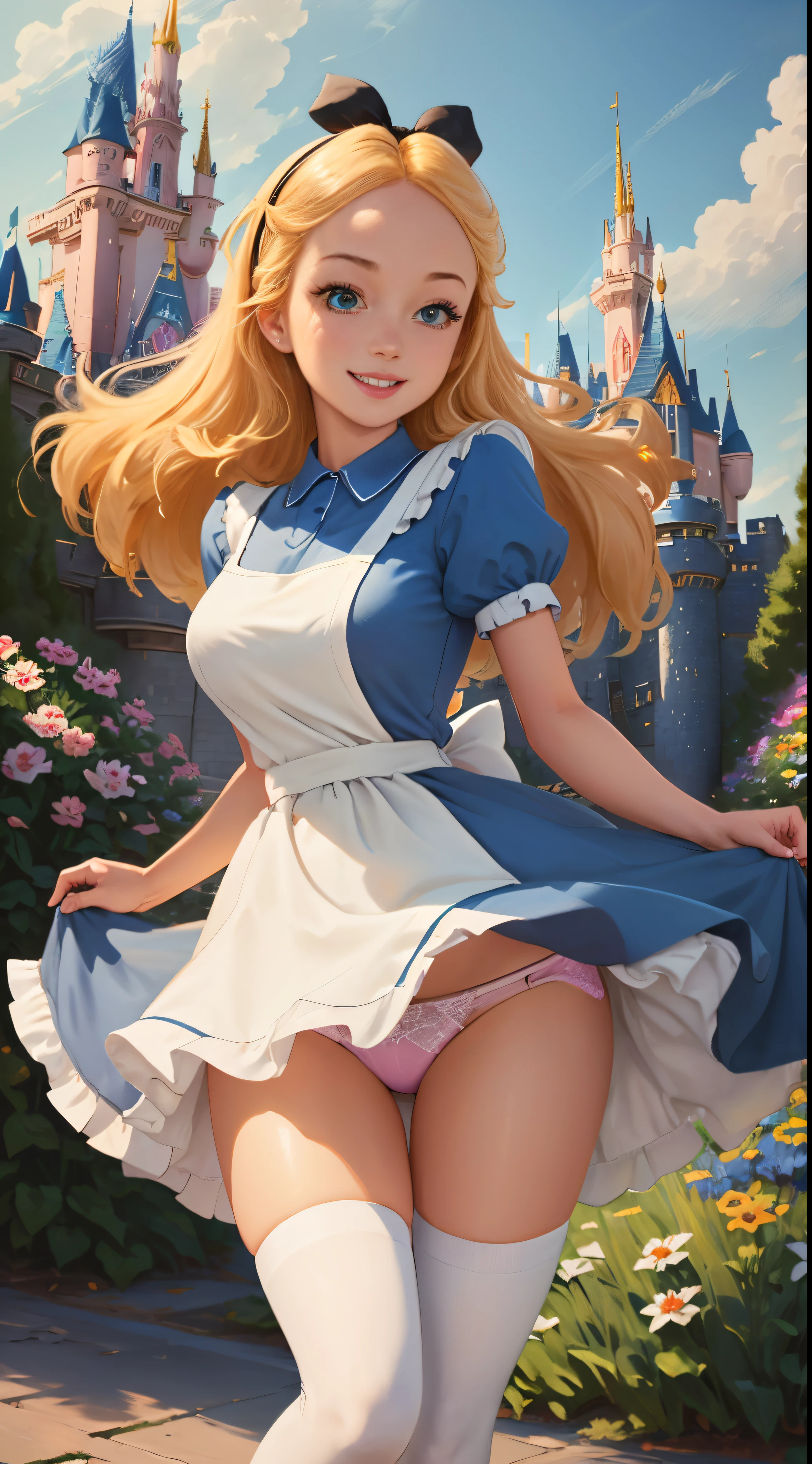 (masutepiece), (Best Quality), (Extremely detailed), alice liddell, Blue Dress, White Apron, black hairband, White long socks, Cute Pose,Katyusha、 Golden hair、In the flower garden, (((disney castle in background))), (Blue sky), (A clear day),3D Illustration, Good Highlights, Perfect proportions, Dynamic, Professional, awardwinning, (High detailed skin), (high detailed face), Photorealistic, nffsw, 超A high resolution, absurderes, Perfect body shape, cute smile face, Realistic figure, Sexy Posing, teaser standing, Perfect Breast、White panties,(My skirt is flying up in the wind.),(I can see panties:1.8)、(Panties that dig into the crotch:1.4),、(Lace pantie:1.3)、 Ultra-detailed panties