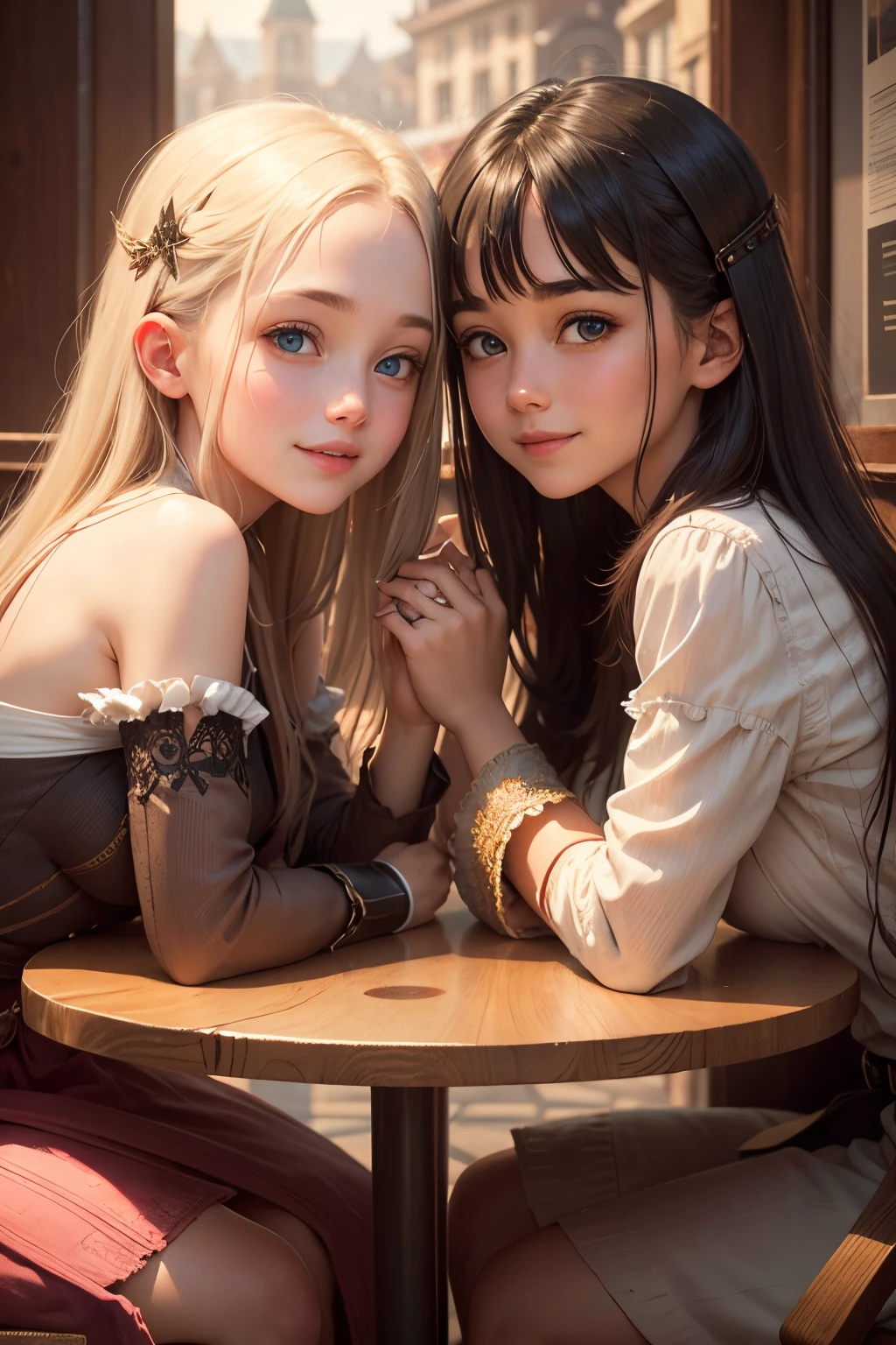 Portrait of two young people are sitting in a cafe, looking at each other and smiling, symmetrical face, symmetrical eyes, highly detailed, Realistic photo, symmetrical face, symmetrical eyes, mystical magical fantasy enchanted ethereal, cinematic shot