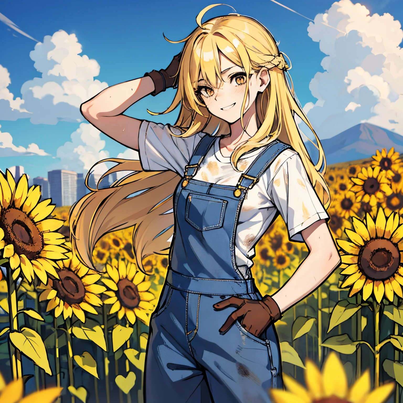 (absurdres, 8k, 4k, masterpiece, hyper extreme detailed:1.2), solo, side view portrait, best quality, portrait, solo, adult, cowboyshot, perfect anatomy, 1girl, perfect face, expressive eyes, perfect eyes, half body, dirty blonde hair, swept bangs, cool, confident, friendly, medium bust, goofy, funny, determined, protagonist, unchanging, worry free, adventurous, long hair, farm, sunflowers, dirt path, blue sky, clouds, sunny city, entertained, messy overalls, dirty, gold eyes, gloves, eccentric, odd, quirky, unique, carefree, original, messy hair, wind, windy, moving hair, moving clothes, tangled hair, dirty, happy, content, overalls, white under shirt, musical, freedom, inspiring, leader, america, dynamic pose, friendly, slight smirk, left hand on hat, right hand on hip, freckles, flowing hair, farmer, wandering, nomad, musician, straw hat, freckles, dirty face, dirty clothes, white gloves, smiling, half body, torn clothes,