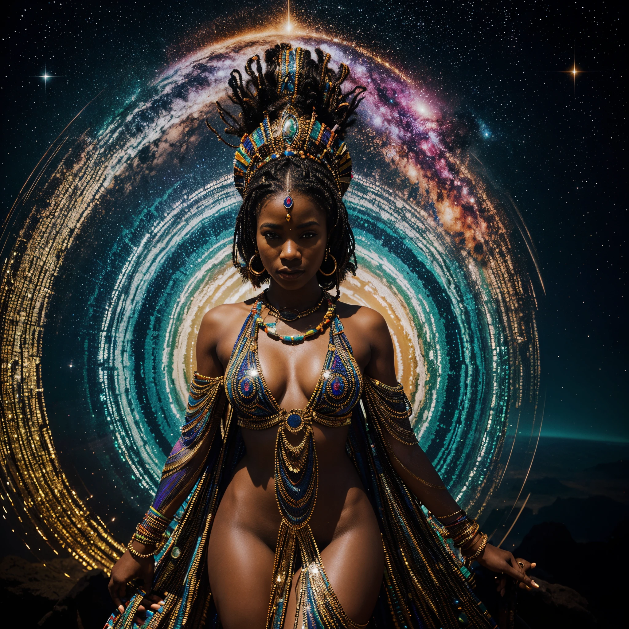 full body shot image, In a mesmerizing display of cosmic beauty, a hypnotic holographic African woman dressed in  African designed clothes and african designed beads and headdress with vibrant colours, floating above a reflective surface reflecting her image, This high contrast, high key photograph captures the surreal beauty of the celestial phenomenon as it casts a spellbinding radiance. The image, with its impeccable clarity and impeccable detailing, immerses viewers in the otherworldly spectacle, evoking a sense of awe and wonder.