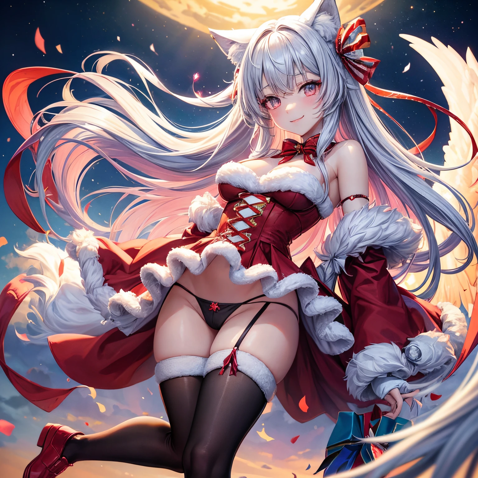 Beautiful girl with colorful hair，Wolf ears,She is an angel.、It's Yandere，A smile，​masterpiece，超A high resolution，，Skimpy Santa Claus cosplay with ribbon，mesh black stockings:1.5 ,beautiful a girl，Perfect Beautiful Girl，Excellent style，Loose socks，