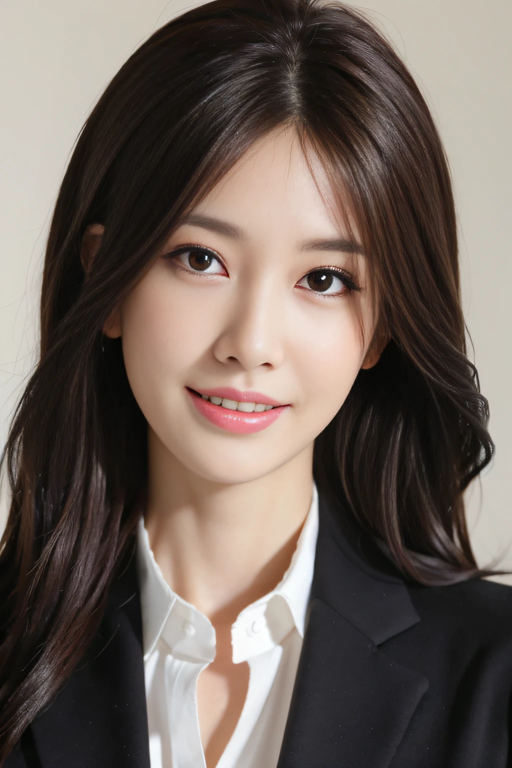 gravure model、Goddess smile(masutepiece), (Best Quality),BRAEK、loose fluffy hair、　Adult makeup、eyeshadows、eye line、Teardrop Bag Makeup、shiny lip　30-years old、Gray suit　rialistic photo、office backdrop、out of focus