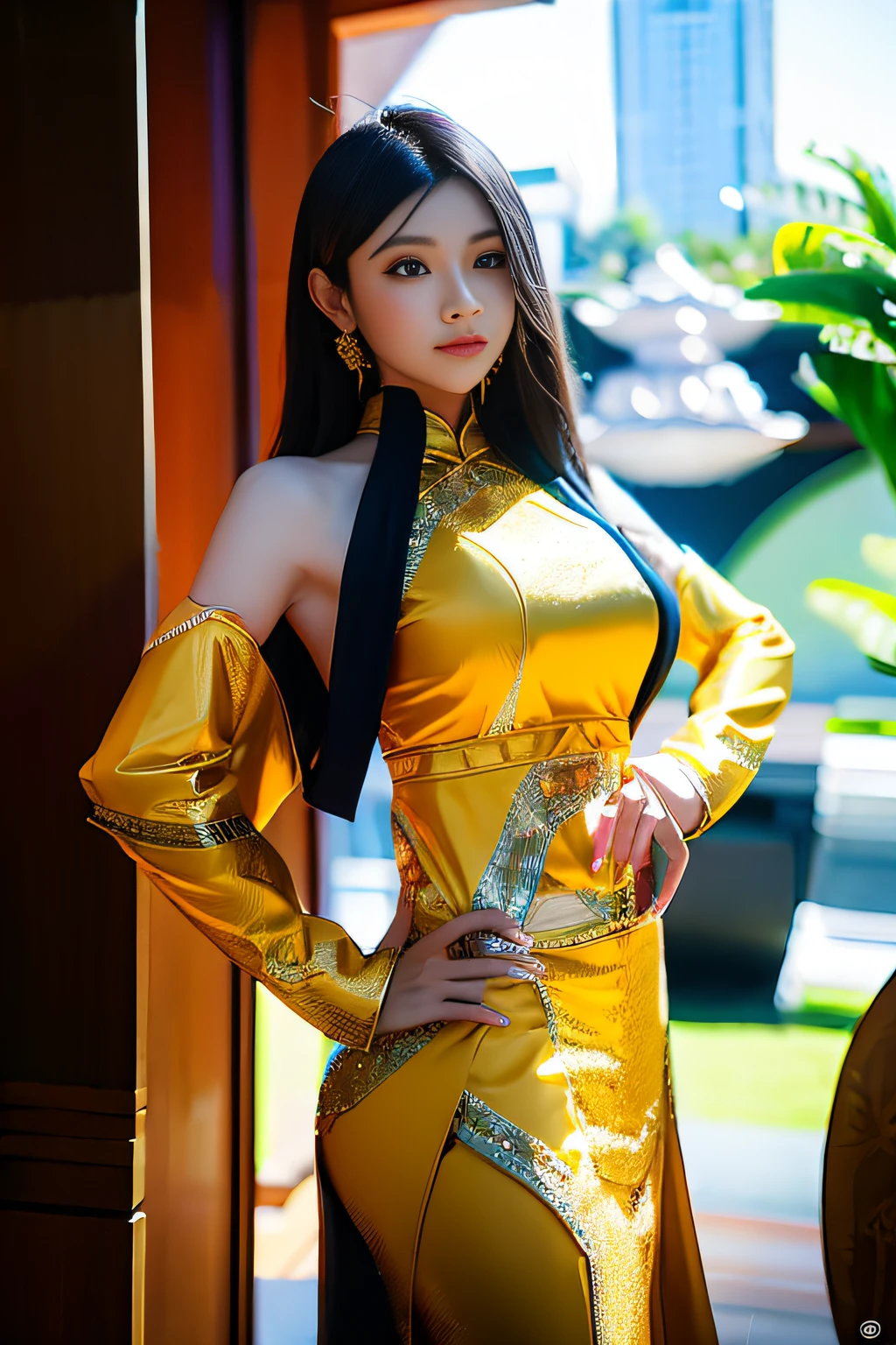 A girl wearing an Indonesian-style futuristic outfit,It embodies cultural integration and modern fashion. The suit is decorated with intricate patterns and bright colors, Showcasing Indonesia’s rich cultural heritage. The girl stood confidently,Strike a dynamic pose, Her meticulous eyes reflect determination and curiosity. The material of this suit is a combination of traditional textiles and future synthetic fibers, Giving it a unique and edgy look. Overall image quality is of the highest standard, Sharp focus,Detail rendering. This artwork uses physically based rendering techniques, Produces realistic lighting and shadows. Bright colors, Capturing the essence of Indonesian cultural aesthetics. The background combines modern architecture and traditional elements, Creating a fusion of the past and the future. The theme explores the intersection of Indonesian culture, Futuristic design, And the artistic image of a confident girl.