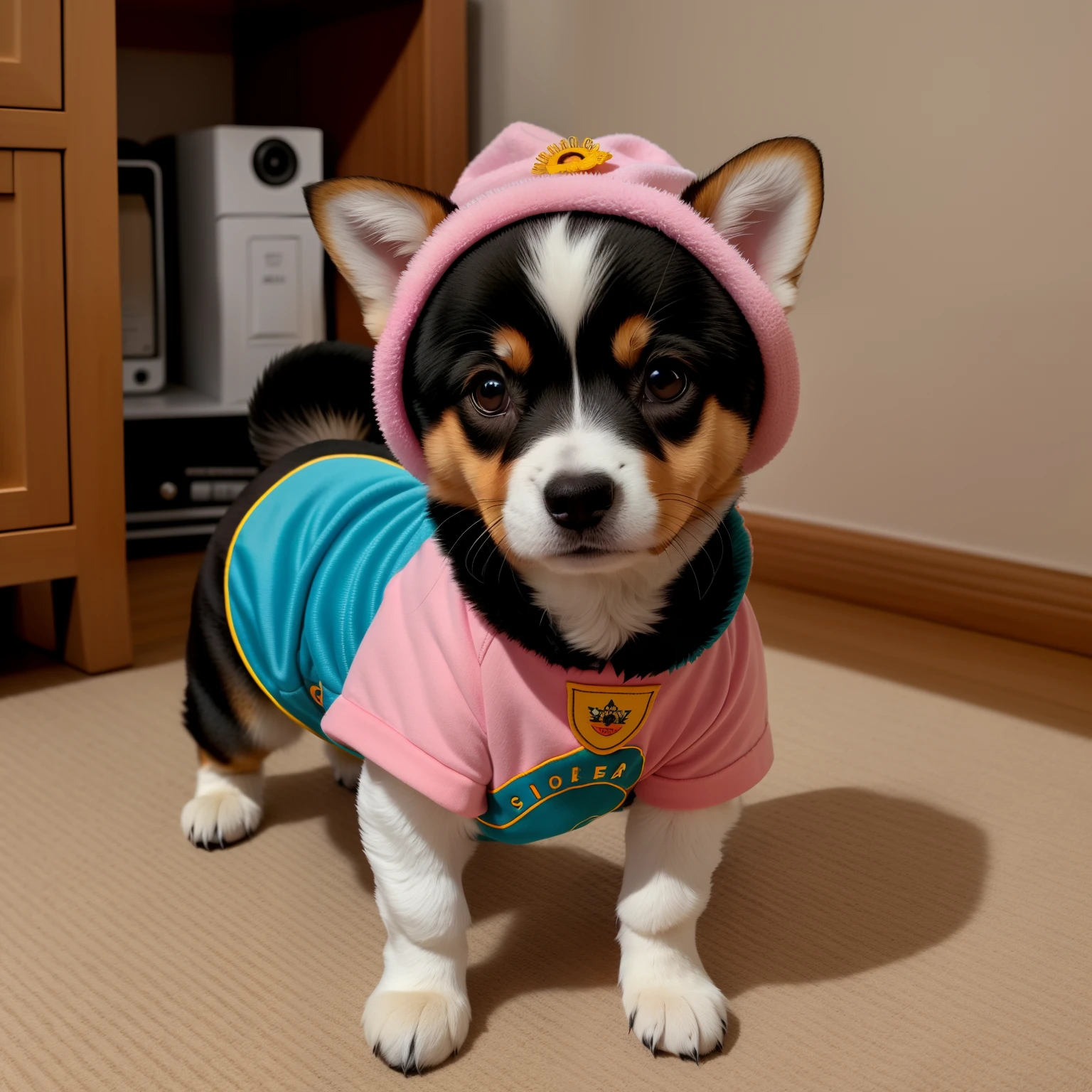 cachorrinho veste uma roupa branca e amarela com orelhas e orelhas, usando um capuz amarelo, Dog cute, corgi bonito, usando um capuz com orelhas pontudas, puppy, kawaii cute dog, usando um vestido extravagante de cor amarela, usando um capuz, usando um capuz, is wearing a cute little hat with a sunflower image as its logo., taken with sony a7r camera, Corgi, super adorable