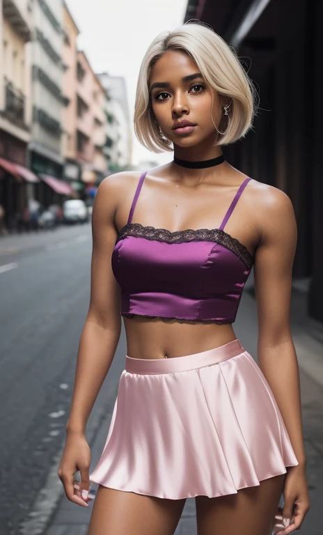 solo full shot of an attractive ((brown skin young woman ))she is beautiful and petite wearing a (( a hot pink satin bralette and purple layered chiffon mini skirt and chunky heels )) ((lifelike skin texture)) ((very detailed image )) she has a petite figure ((stunning eyes and a sharp nose)) a perfect ((blonde white hair))UHD, a Masterpiece,Realistic textures,(( hyper-realistic)), 8k, photorealistic, XT3 grain,Fujifilm((ines c dos santos)) standing in a street