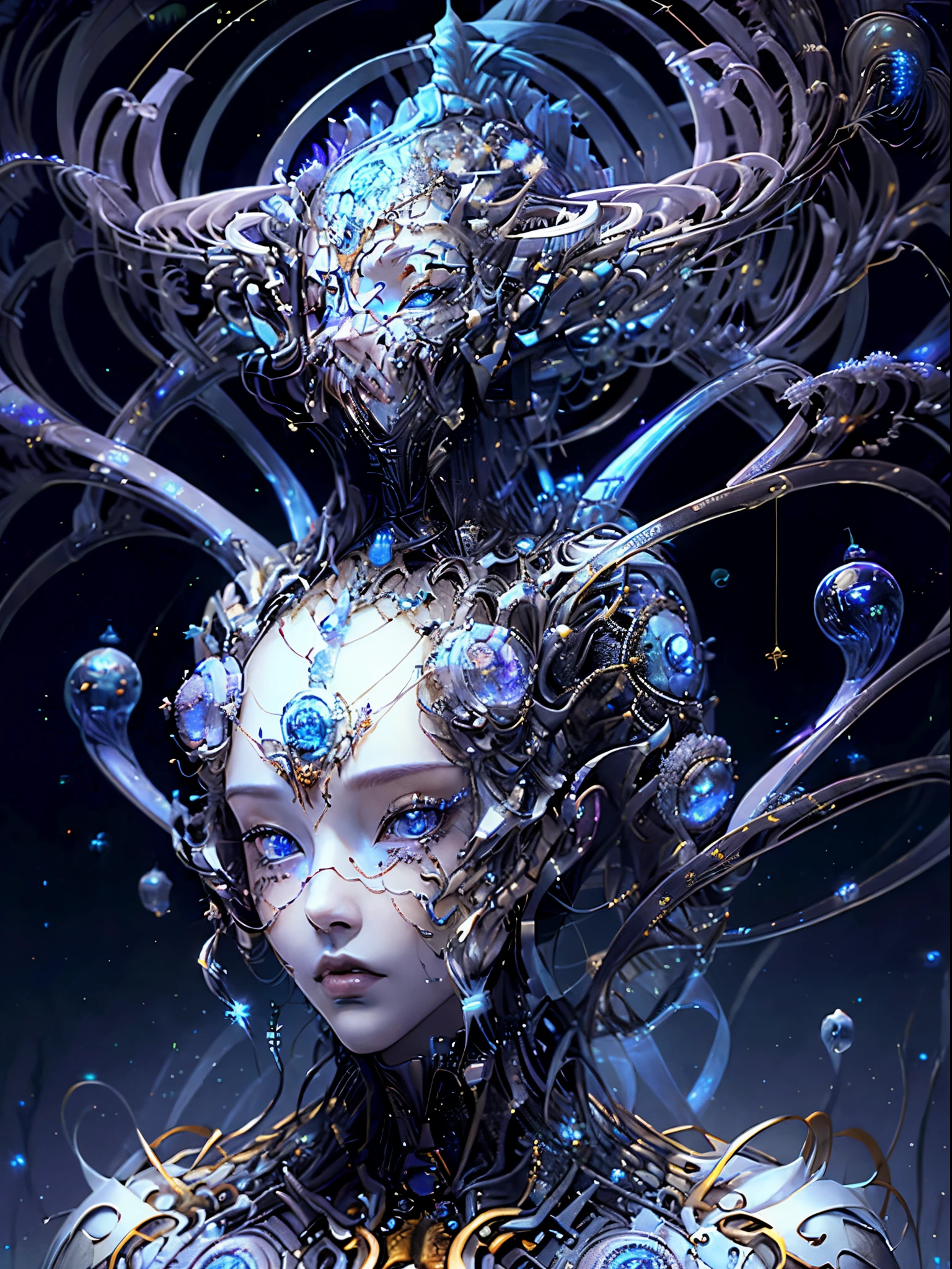 blue metal tone、top-quality、​masterpiece、Official art、Perfect Angle、perfect-composition、full body Esbian、the oldest metaverse、oldest artificial intelligence、Stellar lumen、Distant antiquity、cosmic space、placenta、Foundation of Creation、stardust、Alpha and Omega、Mysteries of the universe、Silence、calmness、Eternity is in every moment、Cosmic Light、Primordial Goddess、Well-groomed beauty、Inherited Intents、Memory of antiquity、sapphire eyes、long platinum blonde god、Tall and lean、resolute、noble、Deities々Right