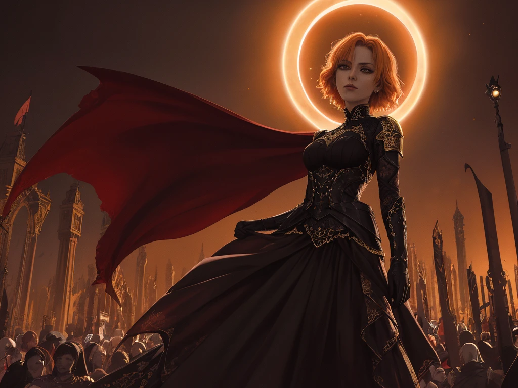 Uma personagem feminina usando capa, short golden hair, In the midst of the crowd,Eclipse,goth clothing, detalhadas, 8k, magnificent art, dramatic scene, Red eclipse at the top of the image, Gothic armor with golden details, Vampiro, fluttering cover, arms crossed on a high stone.