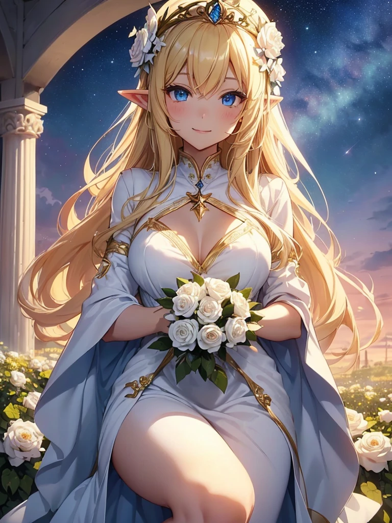 top-quality、Top image quality、masterpiece、Elven Beauty、Smiling while holding a bouquet of white roses((24 year old、Best Bust、big bast、Bust 90,Beautiful blue eyes、,Blonde long hair、A slender、a closeup、Esbian、beautiful tiara、hiquality、Beautiful Art、Background with((starrysky)))masutepiece、visualart、depth of fields、morning、sunrises、Elven ears、、mid night、harp melody🎵、Happy smile、Gentle light、、Beautiful skins、beutiful breast、beautiful foot、welcome、、accurate fingers、Exact finger count、ticker beautiful dress、A sexy、Mystical In the flower garden、flower field、White roses、the woods、Marble pillars、
