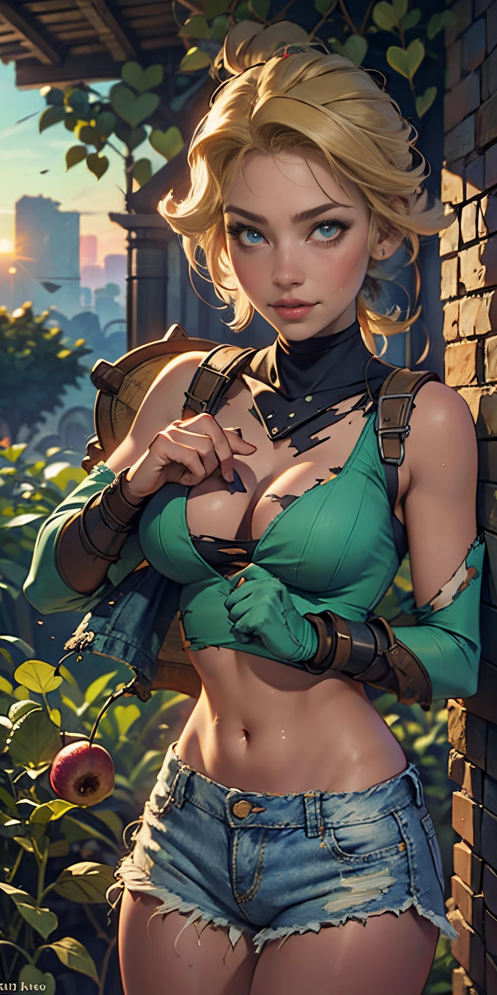 2076 year. The Urban Ruins of the Wasteland, Female huntress picking fruit in the garden, beautiful face, blonde, torn shirt and denim shorts , long legs, sweating through, sun rising, Nice warm colors, head to toe full body shot