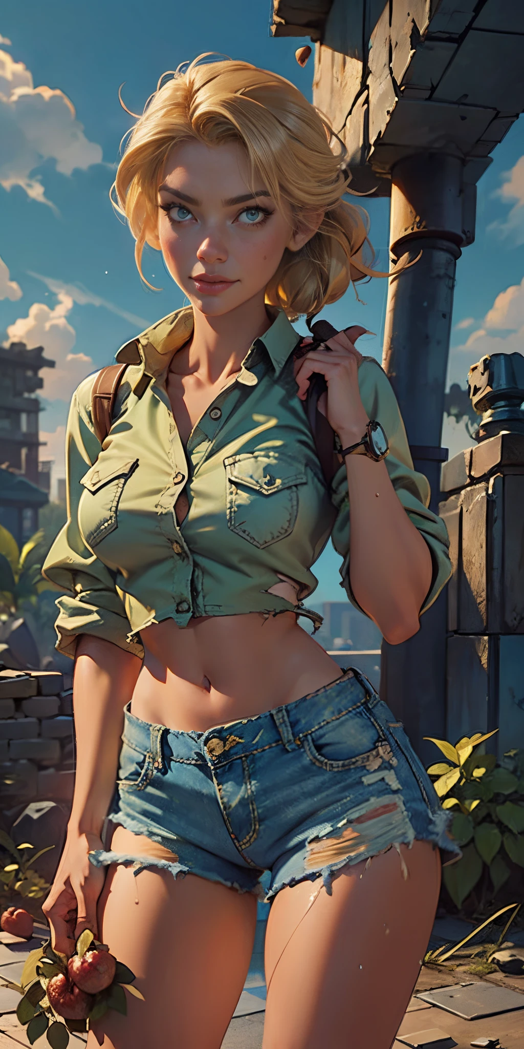 2076 year. The Urban Ruins of the Wasteland, Female huntress picking fruit in the garden, beautiful face, blonde, torn shirt and denim shorts , long legs, sweating through, sun rising, Nice warm colors, head to toe full body shot