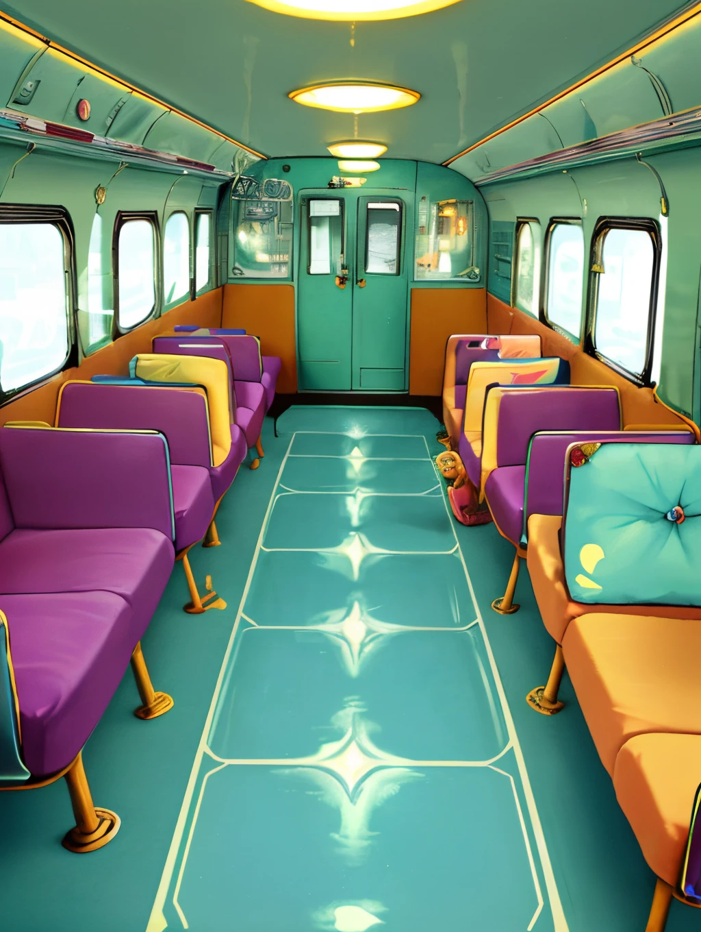 4k image from a 1960s science fiction film by Wes Anderson, Filme O Grande Hotel Budapeste, pastels colors, Young people wearing retrofuturistic alien glasses and holding colorful suitcases and chests on the bus, Retro-futuristic fashion clothes from the 60s with old robots, Luz Natural, Psicodelia, futurista estranho, retro-futurista, photo-realistic, Sharp background details, Retro SciFi Art, vindima, capa de revista, Scifi, 1 pinup menina, corpo inteiro, beautiful face, large eyelashes, olhos perfeitos, OLHOS DETALHADOS LOOKING TO OBSERVER, capacete de vidro transparente, sorriso bonito, seios grandes, Minimum waist, anatomia perfeita, Beige latex clothes, decote profundo, roupas apertadas, anatomia perfeita, Walking towards the observer, dark pantyhose, salto alto plataforma scarpins, Vintage SciFi Scenery, Bottom-up view