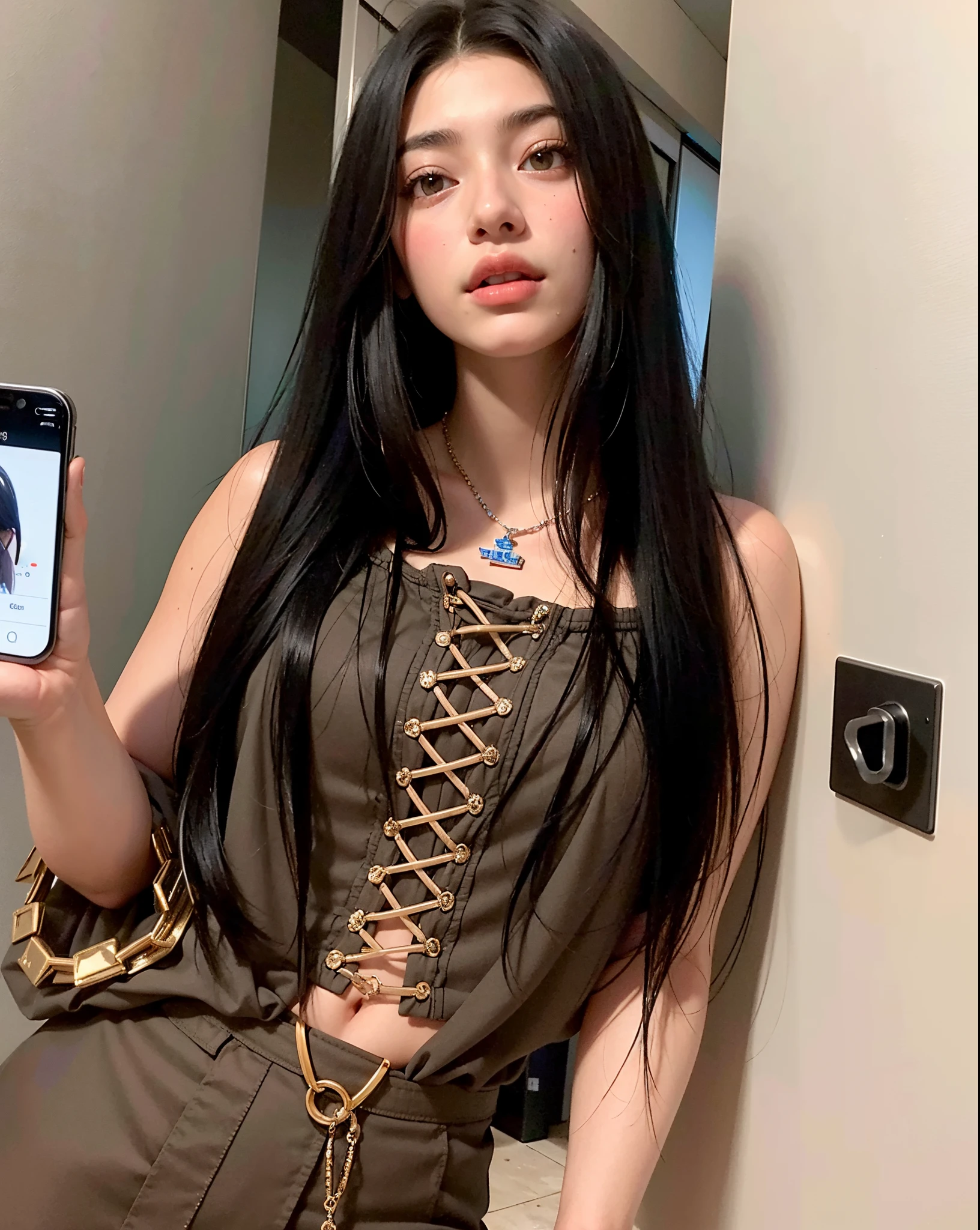 There is a woman with long black hair and a necklace in, cabelos pretos e olhos grandes, lindo rosto latino, 18 anos, pale-skinned persian girl, thick lips, Violeta Myers, Parece Fabiula Nascimento, imagem de perfil, lorde, female with long black hair, 1 6 anos, cabelo preto ondulado, pele de azeitona