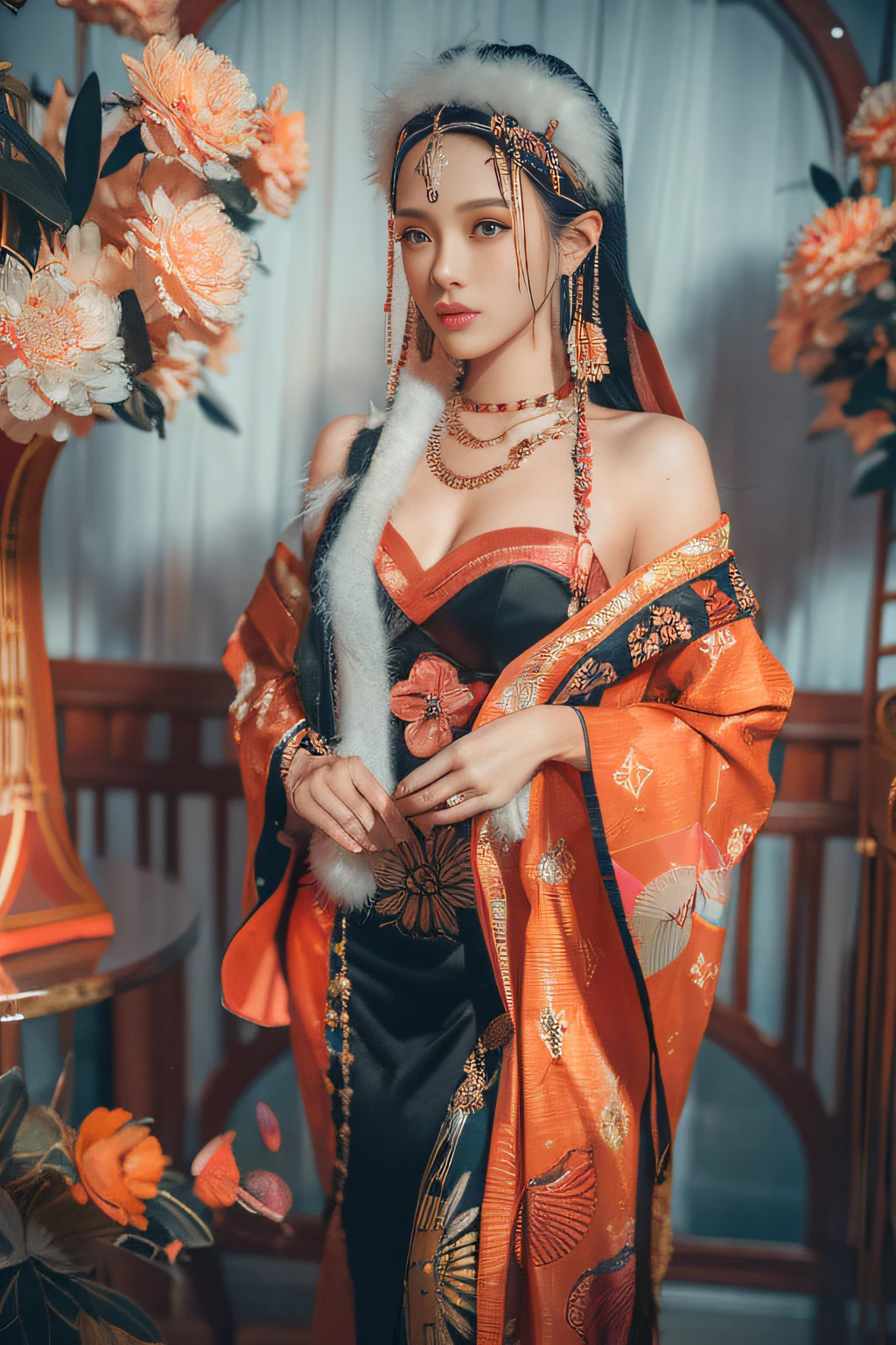 An Indonesian-styled futuristic suit worn by a girl depicting cultural fusion and modern fashion. The suit is adorned with intricate patterns and vibrant colors, showcasing the rich heritage of Indonesia. The girl stands confidently in a dynamic pose, with her detailed eyes reflecting determination and curiosity. The suit's material is a combination of traditional textiles and futuristic synthetic fabrics, giving it a unique and avant-garde appearance. The overall image quality is of the highest standard, with sharp focus and ultra-detailed rendering. The artwork employs physically-based rendering techniques, resulting in realistic lighting and shadows. The colors are vivid and vibrant, capturing the essence of Indonesian cultural aesthetics. The background features a fusion of modern architecture and traditional elements, creating a harmonious blend of the past and the future. The prompt explores the intersection of Indonesian culture, futuristic design, and the artistic representation of a confident girl.