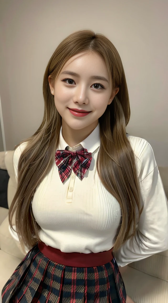 ((Best quality at best, 8K, tmasterpiece:1.3)), Beautiful woman with perfect figure, (Best quality,4K,tmasterpiece:1.2),Beutiful women,Woman in school uniform,Miniskirt and black stockings,The best smile、Light brown ponytail,(Bigchest:1.2)、 (校服:1.2), (White shirt with beige knitted sweater,,:1.3), (red bowtie:1.3), (Plaid pleated skirt:1.3)