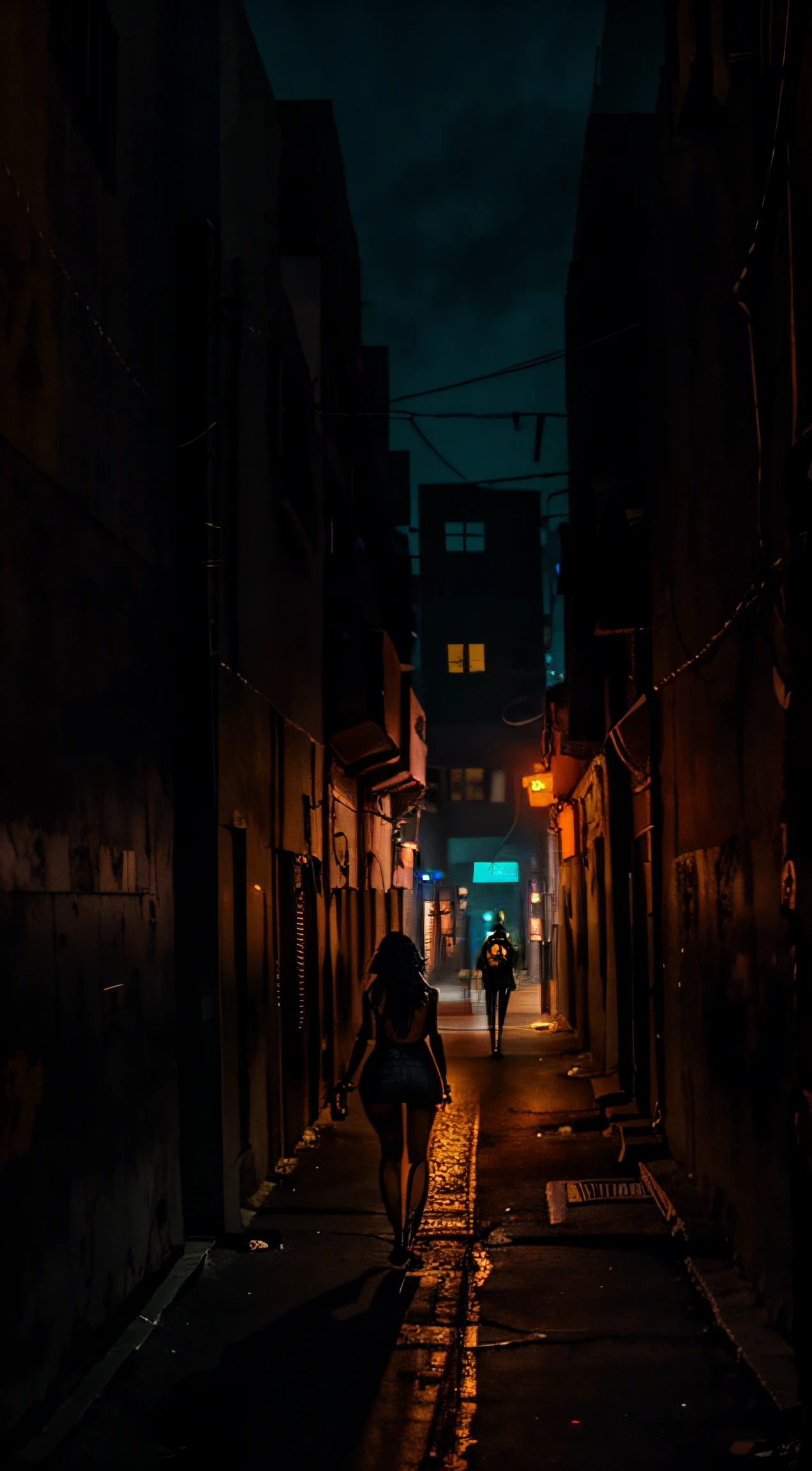 black woman with short clothes,
Walking on a dystopian street at night,
view from above,
nightlife lighting,
Cinematic, beautiful, perfect, intricate