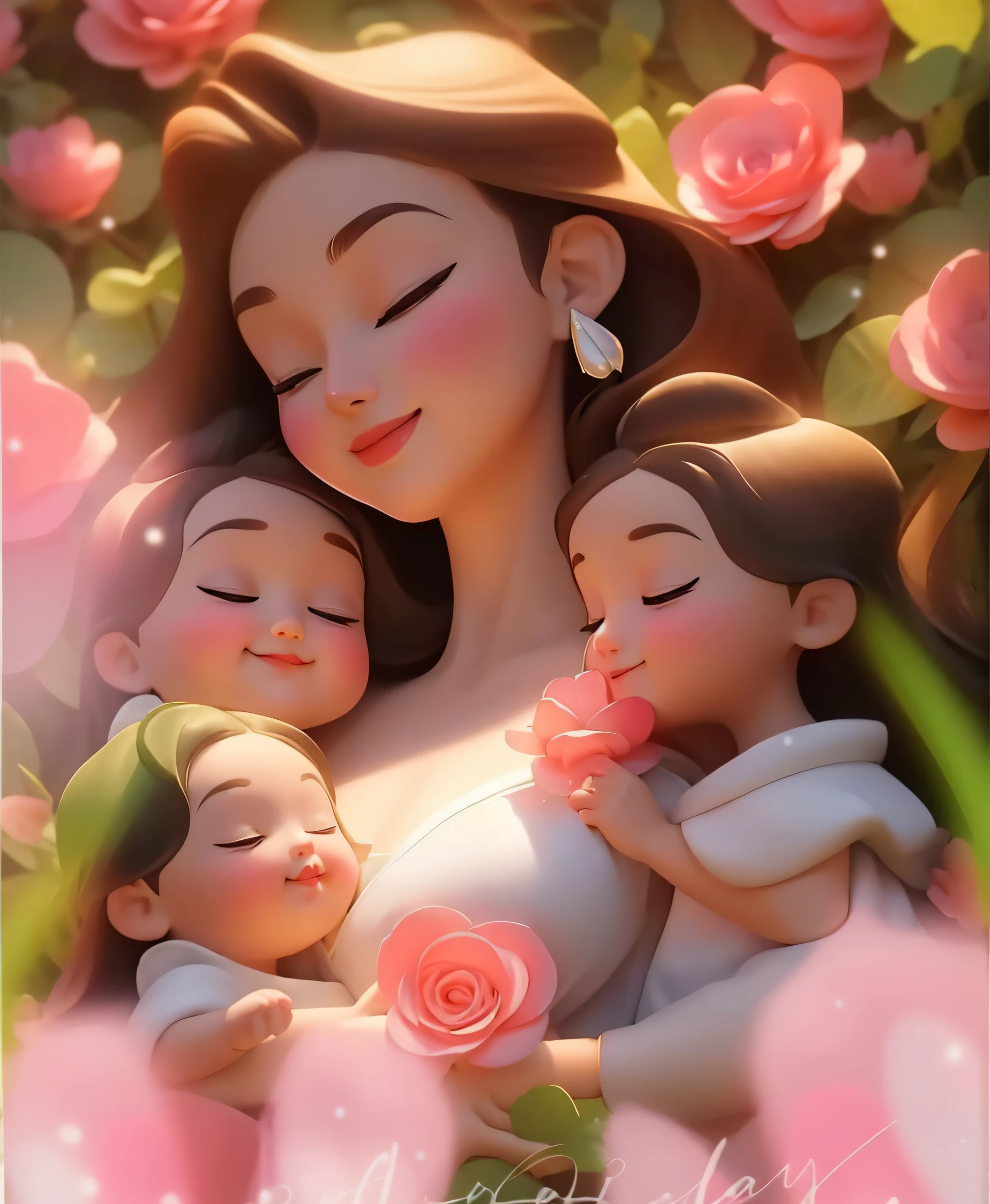 There is a woman holding two children and a  in the garden, digital cartoon painting art, lovely digital painting, cartoon digital painting, adorable digital art, Digital art of cartoons, beautiful digital illustration, beautiful digital art, Maternal love, perfect android girl family, maternal photography 4 k, Beautiful digital artwork, Digital art cartoons, Cute and detailed digital art, digital art picture, mothers