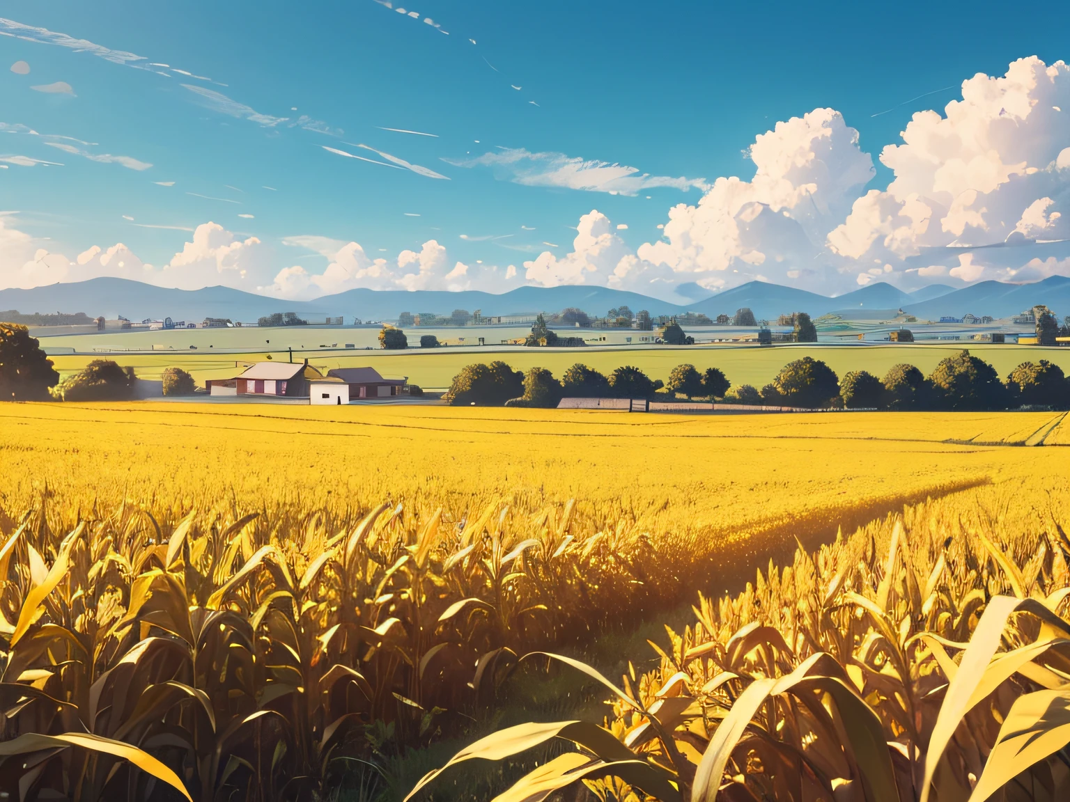 a cornfield,pubic hair very large,Ripe corn can be seen nearby,A golden yellow,There are farmers working in the distance