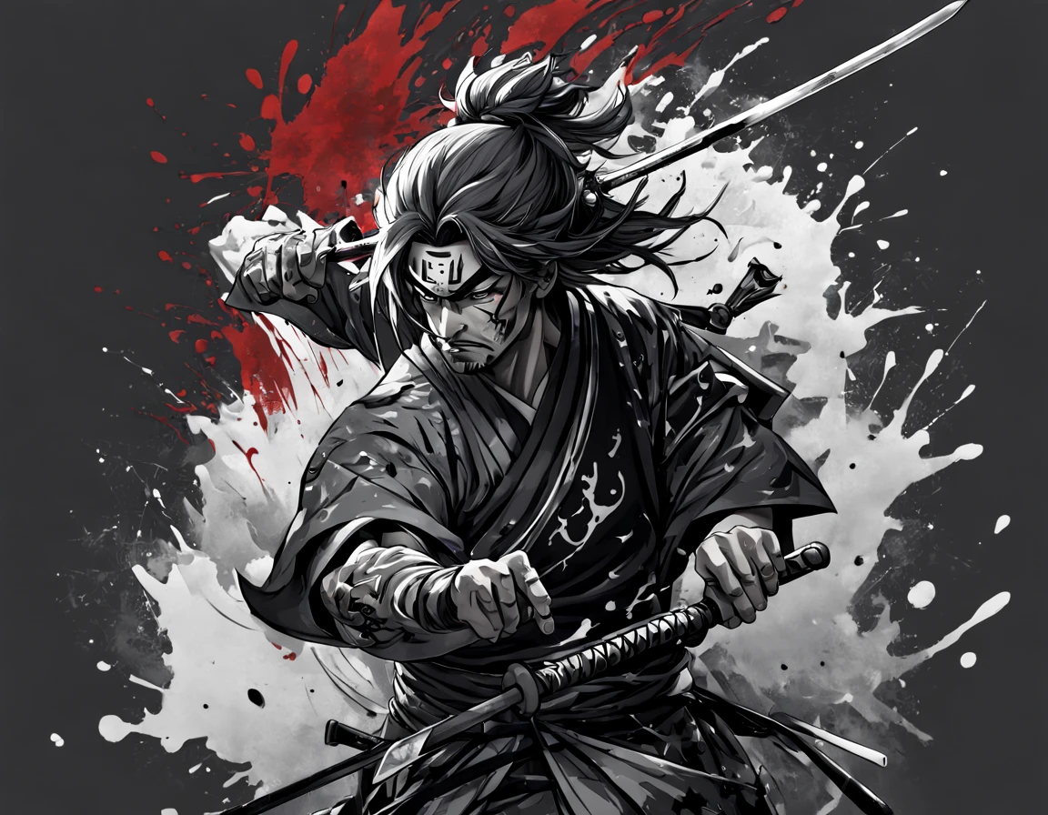 Create high quality 8K Ultra HD digital art, a samurai warrior, Japanese tattoo art, ink splatters, ink swirl, Arabic writing, art at its best, black plus white and gray, blood and black background