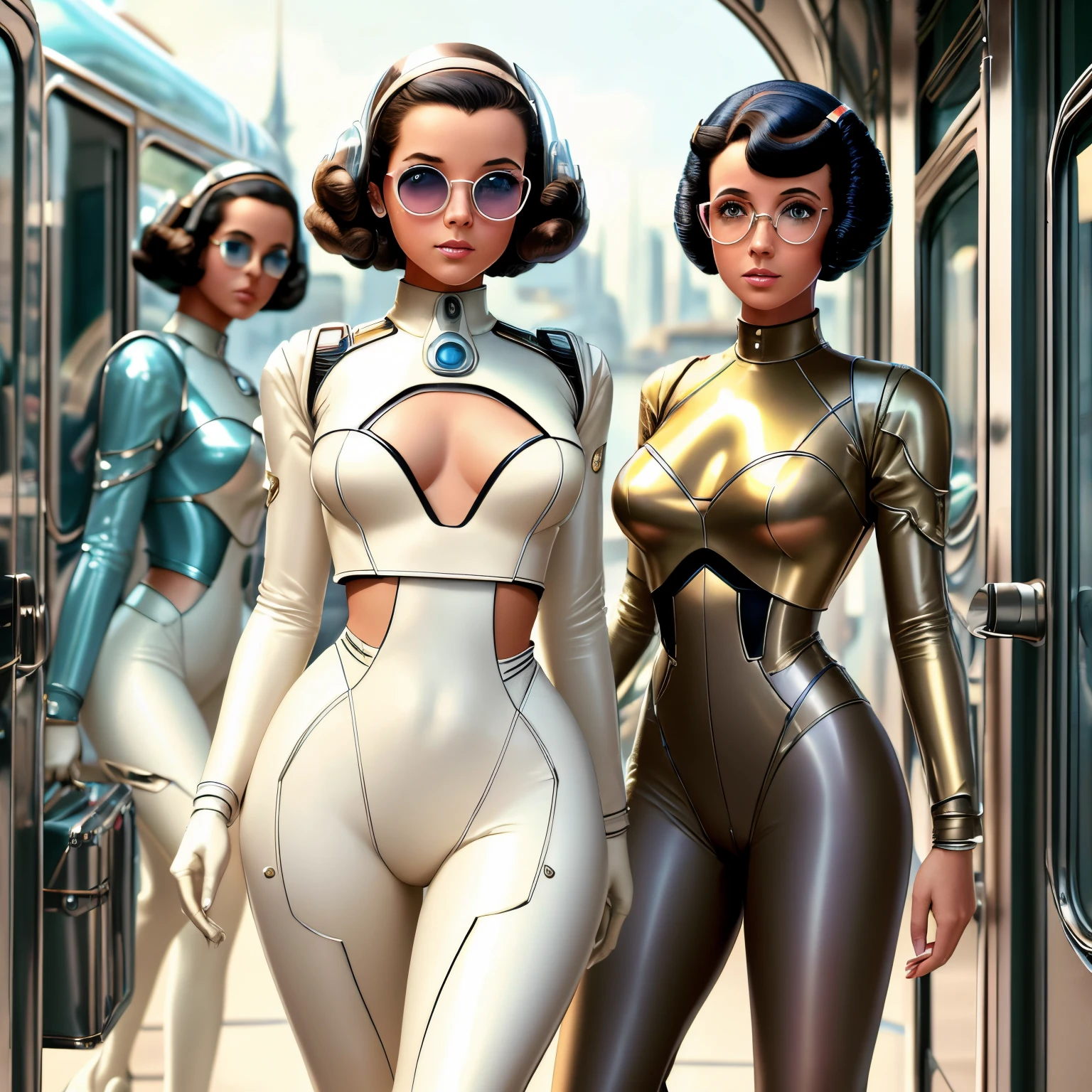 Retro SciFi Art, vindima, capa de revista, Scifi, 1 pinup , corpo inteiro, beautiful face, large eyelashes, olhos perfeitos, OLHOS DETALHADOS LOOKING TO OBSERVER, capacete de vidro transparente, sorriso bonito, seios grandes, Minimum waist, anatomia perfeita, Beige latex clothes, decote profundo, roupas apertadas, anatomia perfeita, Walking towards the observer, dark pantyhose, salto alto plataforma scarpins, Vintage SciFi Scenery, Bottom-up view, 4k image from a 1960s science fiction film by Wes Anderson, Filme O Grande Hotel Budapeste, pastels colors, Young people wearing retrofuturistic alien glasses and holding colorful suitcases and chests on the bus, Retro-futuristic fashion clothes from the 60s with old robots, Luz Natural, Psicodelia, futurista estranho, retro-futurista, photo-realistic, Sharp background details