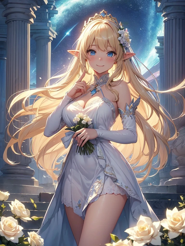 top-quality、Top image quality、​masterpiece、Elven Beauty、Smiling while holding a bouquet of white roses((24 year old、Best Bust、big bast、Bust 90,Beautiful blue eyes、,Blonde long hair、A slender、a closeup、Esbian、beautiful tiara、hiquality、Beautiful Art、Background with((starrysky)))masutepiece、visualart、depth of fields、morning、sunrises、Elven ears、、mid night、harp melody🎵、Happy smile、Gentle light、、Beautiful skins、beutiful breast、beautiful foot、welcome、、accurate fingers、Exact finger count、nffsw、Beautiful dress、Mystical　　In the flower garden、flower  field、white roses、the woods、Marble pillars、is standing