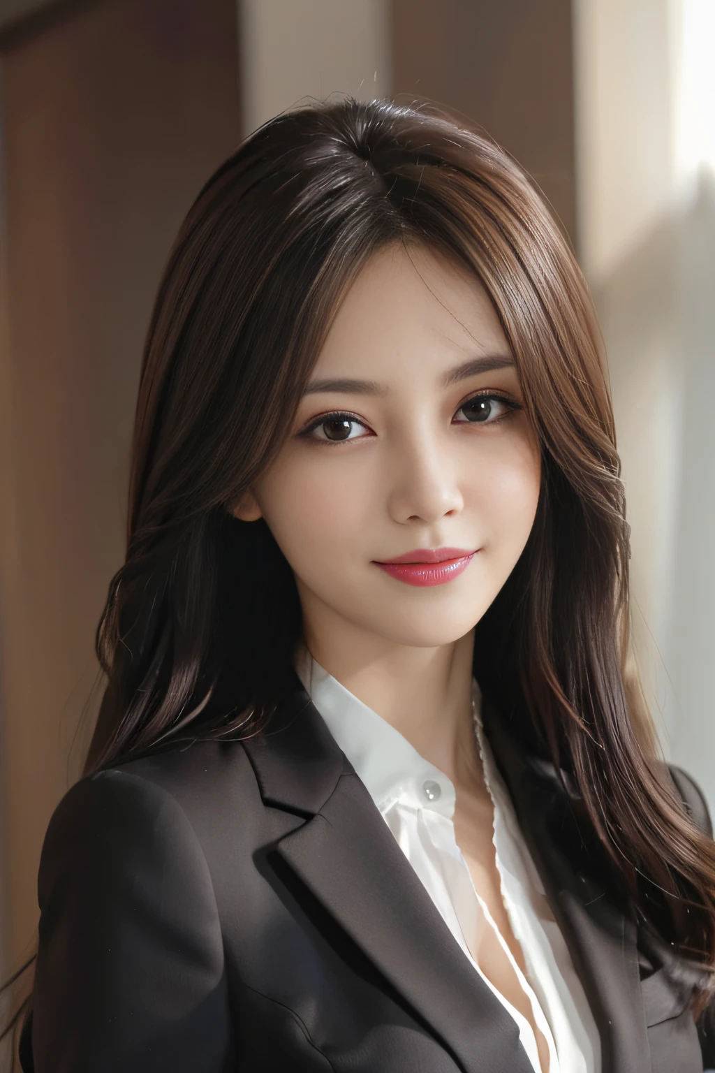 masutepiece, Best Quality, Photorealistic, Ultra-detailed, finely detail, High resolution, 8K Wallpaper, 1 beautiful woman,, light brown messy hair, in a business suit, foco nítido, Perfect dynamic composition, Beautiful detailed eyes, detailed hairs, Detailed realistic skin texture, Smiling, Close-up portrait, Model body type