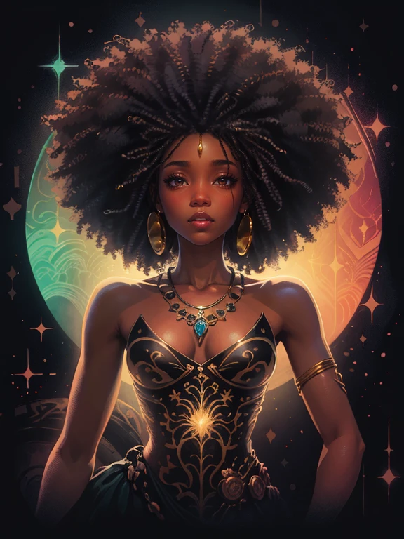 Black woman with afro hair, portraite, bright green eyes with peacock feather cape, runes on your body, holding a black rose