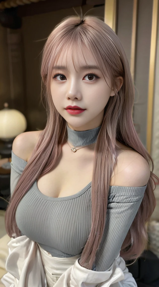 1 plump girl, (ulzzang-6500:0.7), K-pop idol, Yaeko, Split sleeves, exposed bare shoulders, with pink hair, Long gray hair, Japanese clothes, Best quality at best, (uniformity:1.5), (hair adornments:1.35), jewely, a purple eye, ear nipple ring, mediuml breasts, torii, Sakura NS, lantern light, depth of fields, Detailed faces, Face focus, ribbons_Neatly trimmed, (looking at viewert:1.25), Non-traditional witches, Skin glows, longer sleeves, ssmile, Thick lips, GameCG, hands on lips, east asian architecture, (vague background:1.2), sitted, Upper part of the body