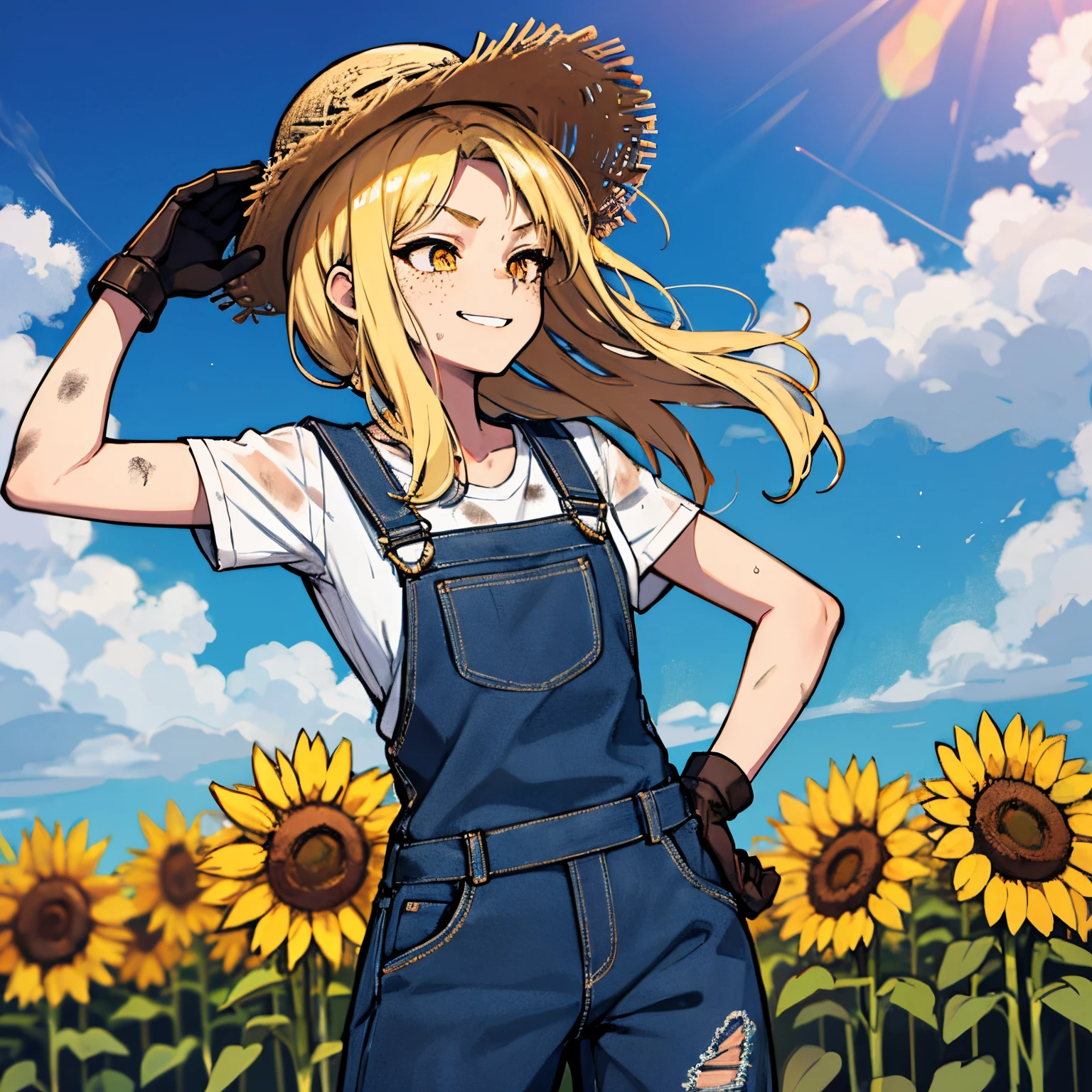 (absurdres, 8k, 4k, masterpiece, hyper extreme detailed:1.2), solo, side view portrait, best quality, portrait, solo, adult, cowboyshot, perfect anatomy, 1girl, perfect face, expressive eyes, perfect eyes, half body, dirty blonde hair, swept bangs, cool, confident, friendly, medium bust, goofy, funny, determined, protagonist, unchanging, worry free, adventurous, long hair, farm, sunflowers, dirt path, blue sky, clouds, sunny city, entertained, messy overalls, dirty, gold eyes, gloves, eccentric, odd, quirky, unique, carefree, original, messy hair, wind, windy, moving hair, moving clothes, tangled hair, dirty, happy, content, overalls, white under shirt, musical, freedom, inspiring, leader, america, dynamic pose, friendly, slight smirk, left hand on hat, right hand on hip, freckles, flowing hair, farmer, wandering, nomad, musician, straw hat, freckles, dirty face, dirty clothes, white gloves, smiling, half body, torn clothes,