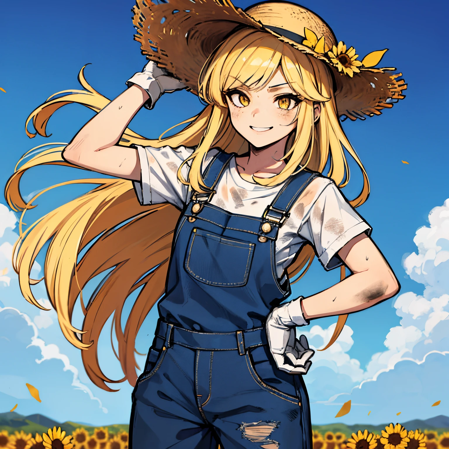 (absurdres, 8k, 4k, masterpiece, hyper extreme detailed:1.2), solo, side view portrait, best quality, portrait, solo, adult, cowboyshot, perfect anatomy, 1girl, perfect face, expressive eyes, perfect eyes, half body, dirty blonde hair, swept bangs, cool, confident, friendly, medium bust, goofy, funny, determined, protagonist, unchanging, worry free, adventurous, long hair, farm, sunflowers, dirt path, blue sky, clouds, sunny city, entertained, messy overalls, dirty, gold eyes, gloves, eccentric, odd, quirky, unique, carefree, original, messy hair, wind, windy, moving hair, moving clothes, tangled hair, dirty, happy, content, overalls, white under shirt, musical, freedom, inspiring, leader, america, dynamic pose, friendly, slight smirk, left hand on hat, right hand on hip, freckles, flowing hair, farmer, wandering, nomad, musician, straw hat, freckles, dirty face, dirty clothes, white gloves, smiling, half body, torn clothes,