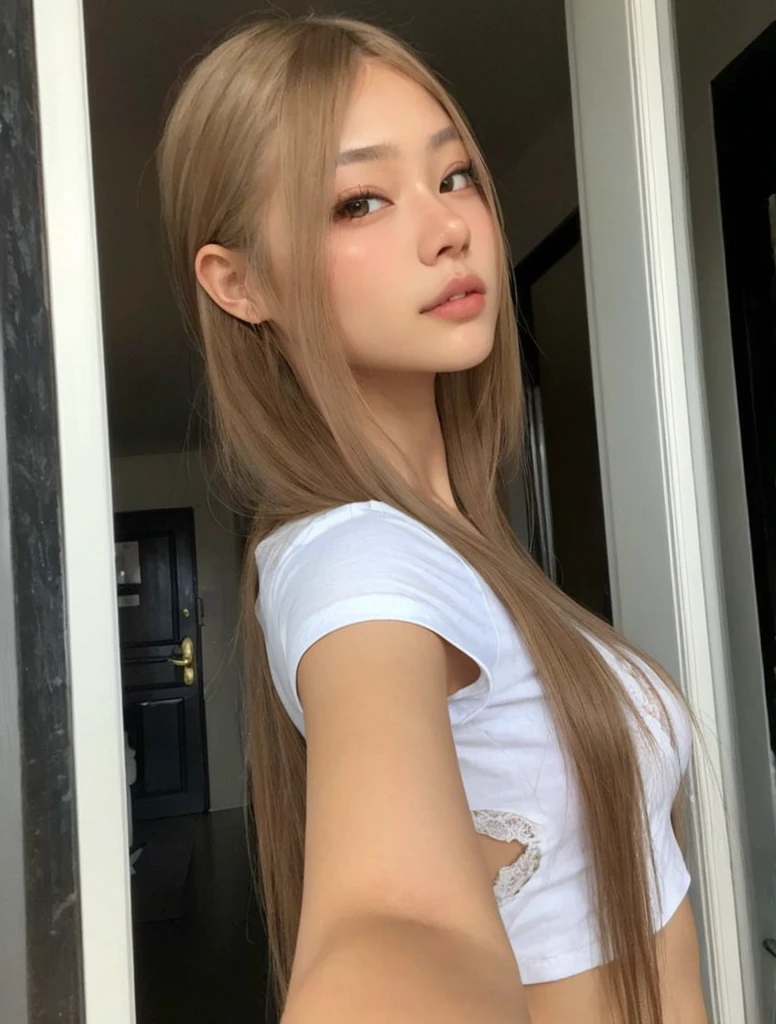 um close up de uma mulher com cabelos longos e uma camisa branca, 18 anos, 1 6 anos, com cabelos longos, Asian girl with long hair, Lalisa Manobal, Beautiful Asian girl, 19-year-old girl, Asian girl, chinesa, gorgeous chinese model, meninana, com longos cabelos loiros, Menina animeda real