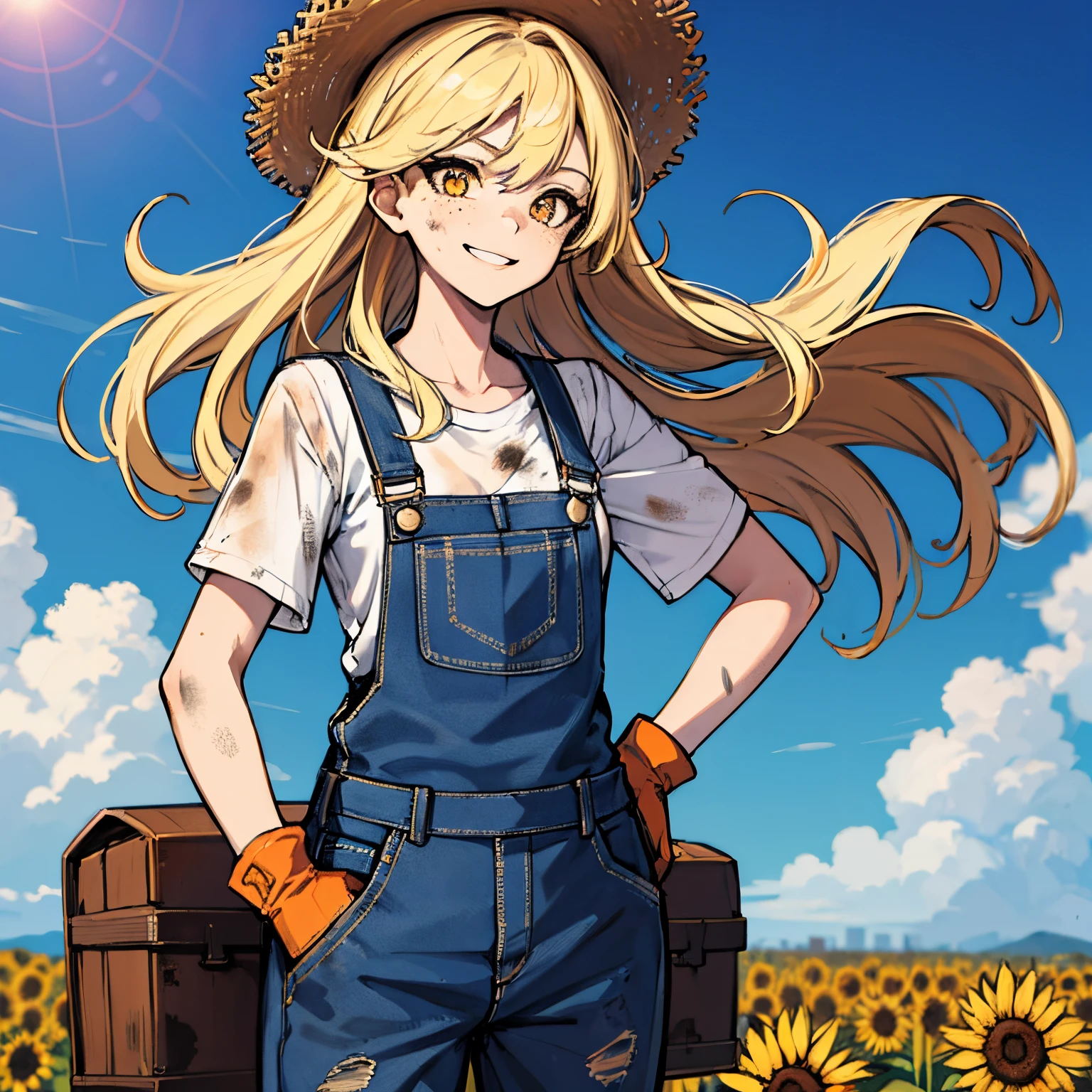 (absurdres, 8k, 4k, masterpiece, hyper extreme detailed:1.2), solo, side view portrait, best quality, portrait, solo, adult, cowboyshot, perfect anatomy, 1girl, perfect face, expressive eyes, perfect eyes, half body, dirty blonde hair, swept bangs, cool, confident, friendly, medium bust, goofy, funny, determined, protagonist, unchanging, worry free, adventurous, long hair, farm, sunflowers, dirt path, blue sky, clouds, sunny city, entertained, messy overalls, dirty, gold eyes, gloves, eccentric, odd, quirky, unique, carefree, original, messy hair, wind, windy, moving hair, moving clothes, tangled hair, dirty, happy, content, overalls, white under shirt, musical, freedom, inspiring, leader, america, dynamic pose, friendly, slight smirk, left hand on hat, right hand on hip, freckles, flowing hair, farmer, wandering, nomad, musician, straw hat, freckles, dirty face, dirty clothes, white gloves, smiling, half body, torn clothes,