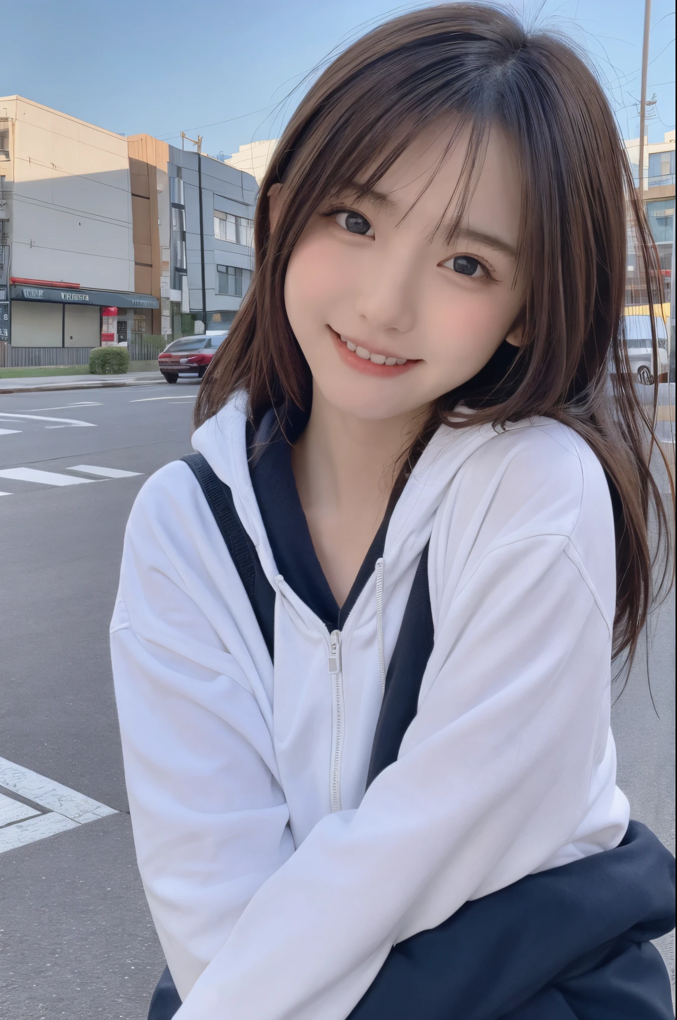 A happy smile looking at this、Under the Autumn Sky、Casual attire、In the city、masutepiece, Best Quality, 8K, 15yo student, japanes、Teen, Raw photo, award winning portrait, A smile, Solo, , Idol face, violaceaess, gardeniass, Delicate girl, Upper body, Digital SLR, Looking at Viewer, Candid, Sophisticated, zora々Right, Thin arms, Professional Lighting, Film grain, chromatic abberation, (Eyes and faces with detailed:1.0), A dark-haired、drooing eyes、Japan girls、kawaii faces:1.2,
