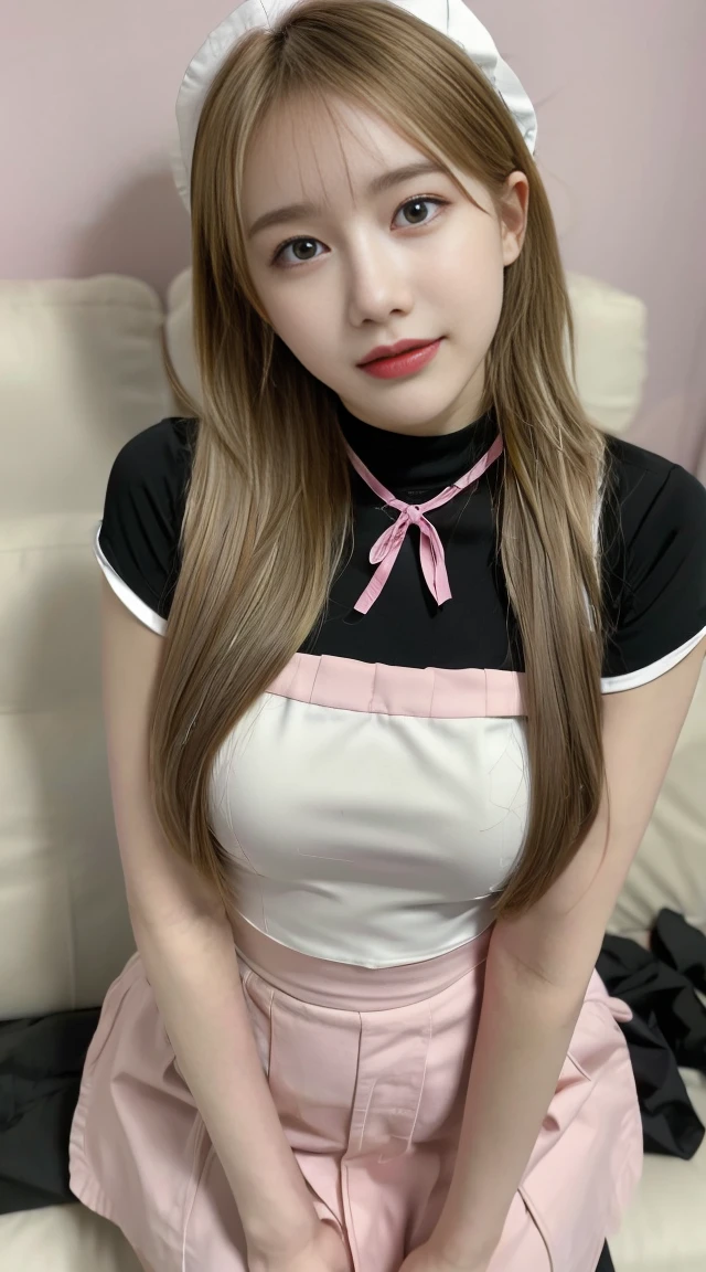 work, highest quality, girl, long hair alternative, absurdly long hair, blonde hair, bow hair, aqua eye, enchanting smile, tongue, black eye, long eyelashes, big breasts, mole on chest, white shirt, short black skirt, shoes, meanwhile, hair ribbon, flower ribbon, hair_ribbon, hair_ribbon, hair_flower
