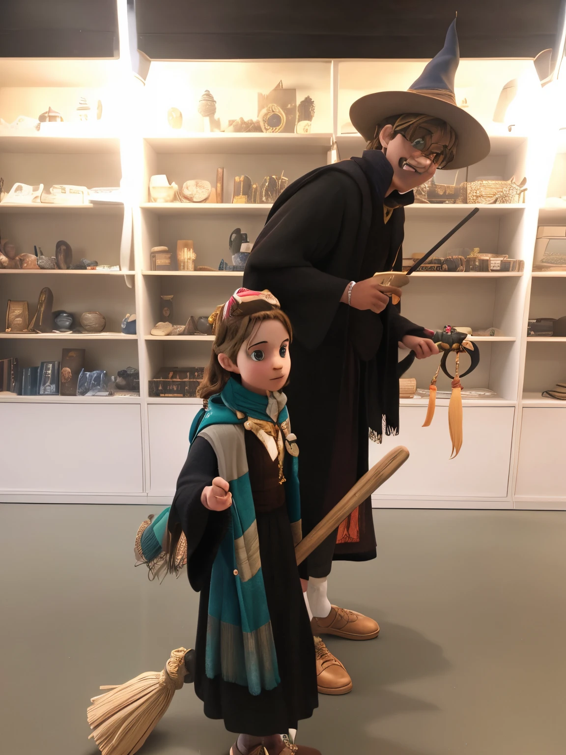 Create a Harry Potter-style movie scene using the scenery of a Quidditch match of a man dressed as a wizard next to a girl dressed as a witch, both on a broomstick playing Quidditch trying to catch a golden pole..