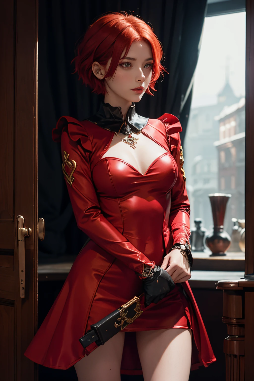 The witch,red hair,short hair,red eye,red costume