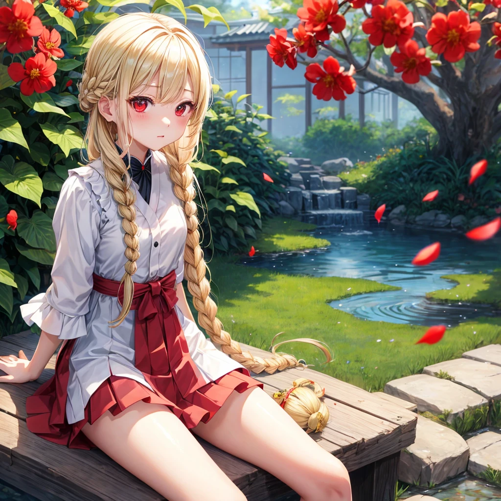a blond、Braids、red eyes、One pretty girl、独奏、animesque、lightly dressed、a miniskirt、sitting on、flower petals、bare-legged、firey