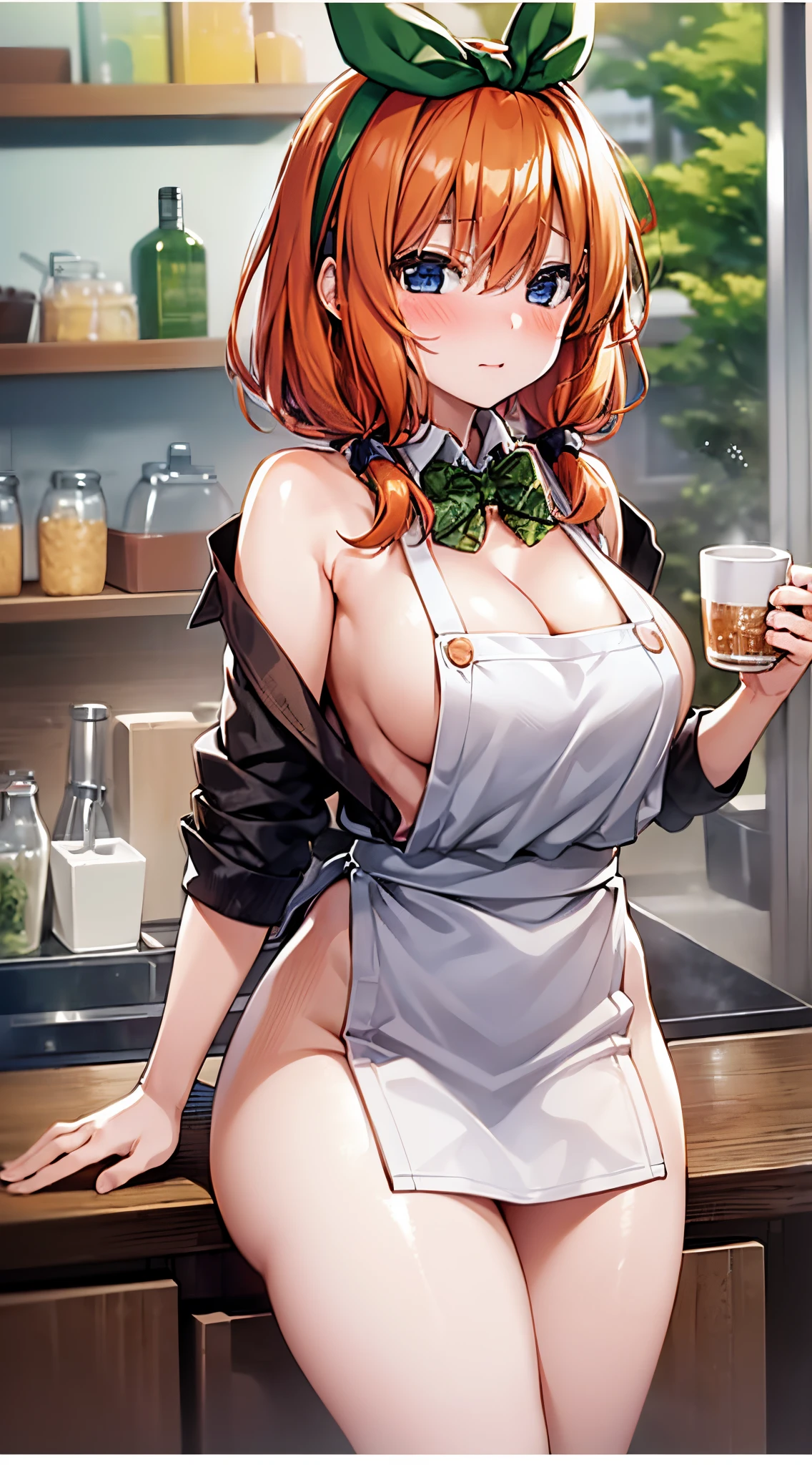 1girl in, Solo, Nakano Yotsuba, Orange hair, Hair Bow, (green bowtie), (Naked:1.3), (White Apron), Large breasts, cleavage, thighs thighs thighs thighs, Cafe Background, (Blushing:1.3)