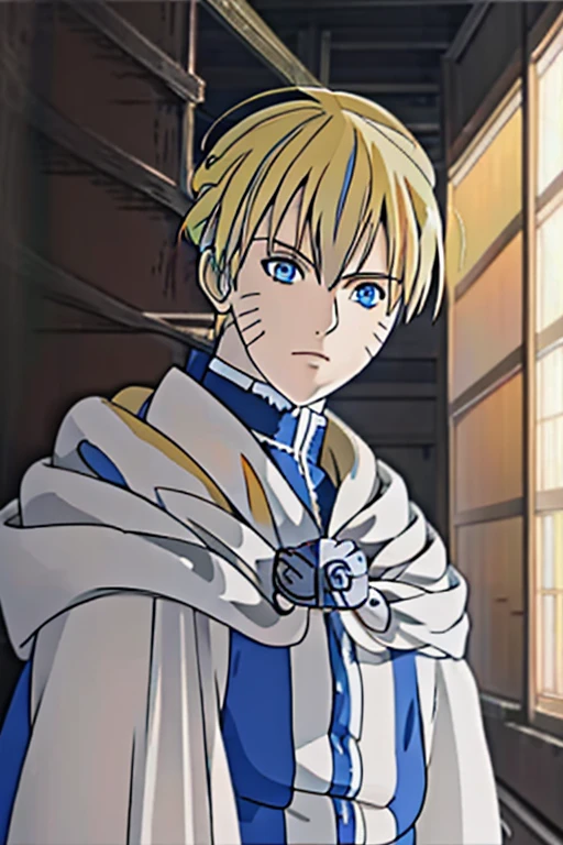 anime boy with spiky yellow hair and white cape looking at the camera, tall anime guy with blue eyes, naruto as himmel, naruto uzumaki, male anime character, hero, looking at viewer