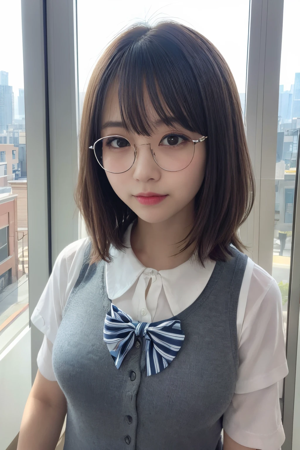 eye glass、1人、a matural female、vests、the bow、a picture、逼真、top-quality、adopt、A detailed face、s Office、Building from the window、细致背景、Diffused sunlight、depth of fields、Bokeh