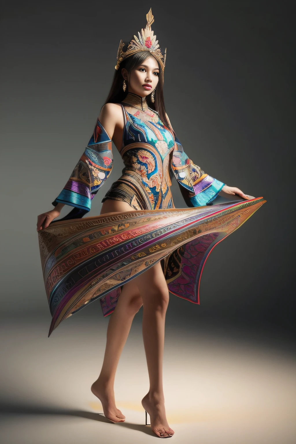 An Indonesian-styled futuristic suit worn by a girl depicting cultural fusion and modern fashion. The suit is adorned with intricate patterns and vibrant colors, showcasing the rich heritage of Indonesia. The girl stands confidently in a dynamic pose, with her detailed eyes reflecting determination and curiosity. The suit's material is a combination of traditional textiles and futuristic synthetic fabrics, giving it a unique and avant-garde appearance. The overall image quality is of the highest standard, with sharp focus and ultra-detailed rendering. The artwork employs physically-based rendering techniques, resulting in realistic lighting and shadows. The colors are vivid and vibrant, capturing the essence of Indonesian cultural aesthetics. The background features a fusion of modern architecture and traditional elements, creating a harmonious blend of the past and the future. The prompt explores the intersection of Indonesian culture, futuristic design, and the artistic representation of a confident girl.