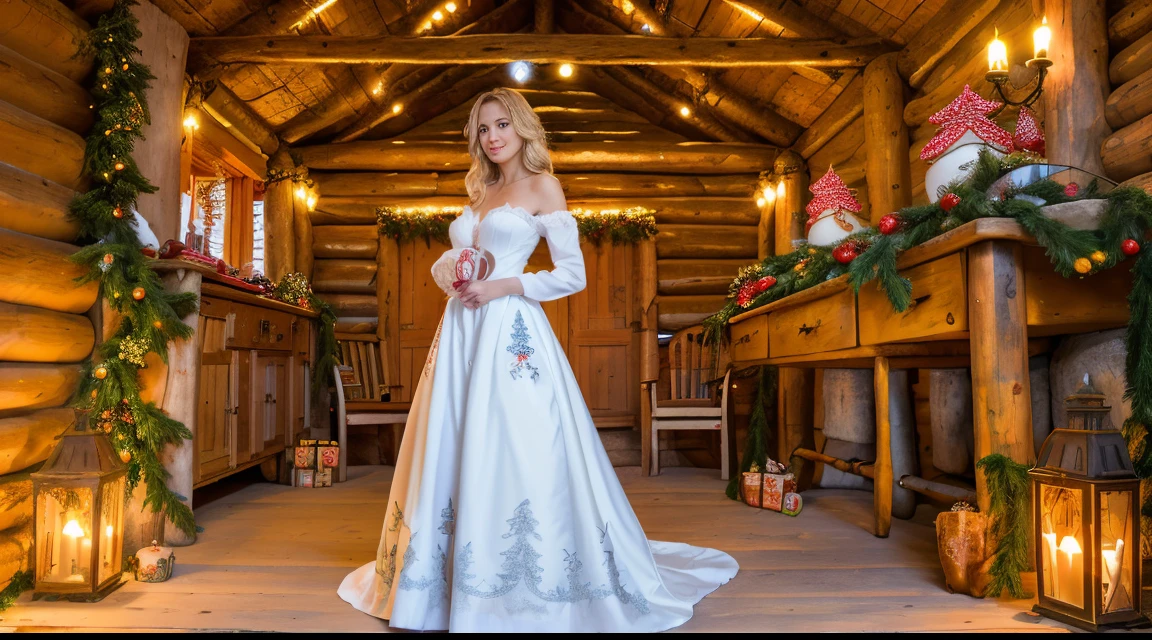 You are a professional concept artist,The painting depicts a Christmas night,In the foreground is a covered pine branch,In the distance is a hut with an elaborately decorated door。There was a warm orange light in the cabin,Romantic and beautiful,With oriental aesthetics。in white and blue,realistic detail,Ultra-wide depth of field,k hd, Michelle Pfeifer, national costumes of Poland, roupas sexy, standing full length in Christmas costumes
