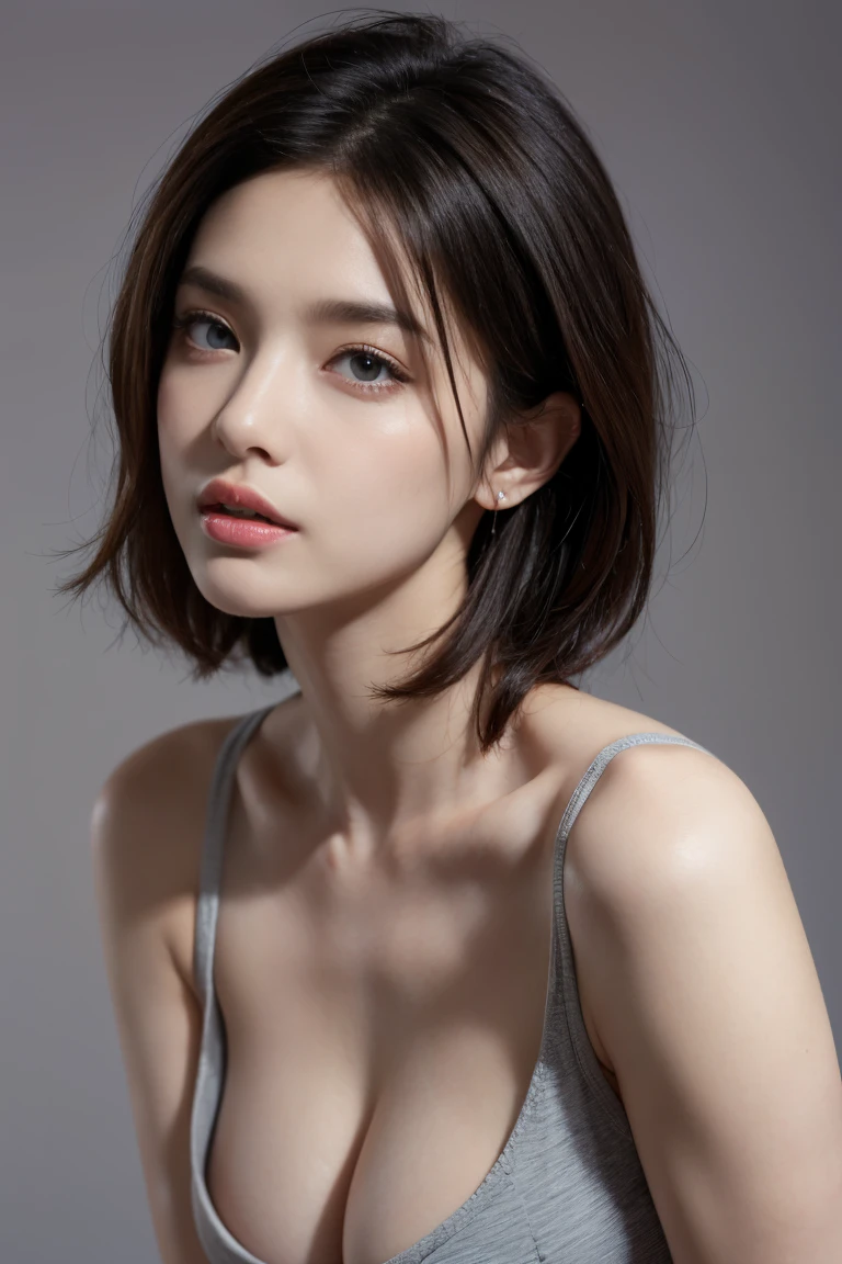 Skin Tight Black Top:1.2, Looking at Viewer, Cinematic lighting, Perfect, softlight, High resolution skin:1.2, Realistic skin texture,30 years old mature woman、a small face、no-makeup、 Realistic face, off shoulders, Exposed cleavage,Bust B Cup、Small breasts、 Blue eyes, Shortcut Hair、dark brown hair、fullnude、Light gray background
