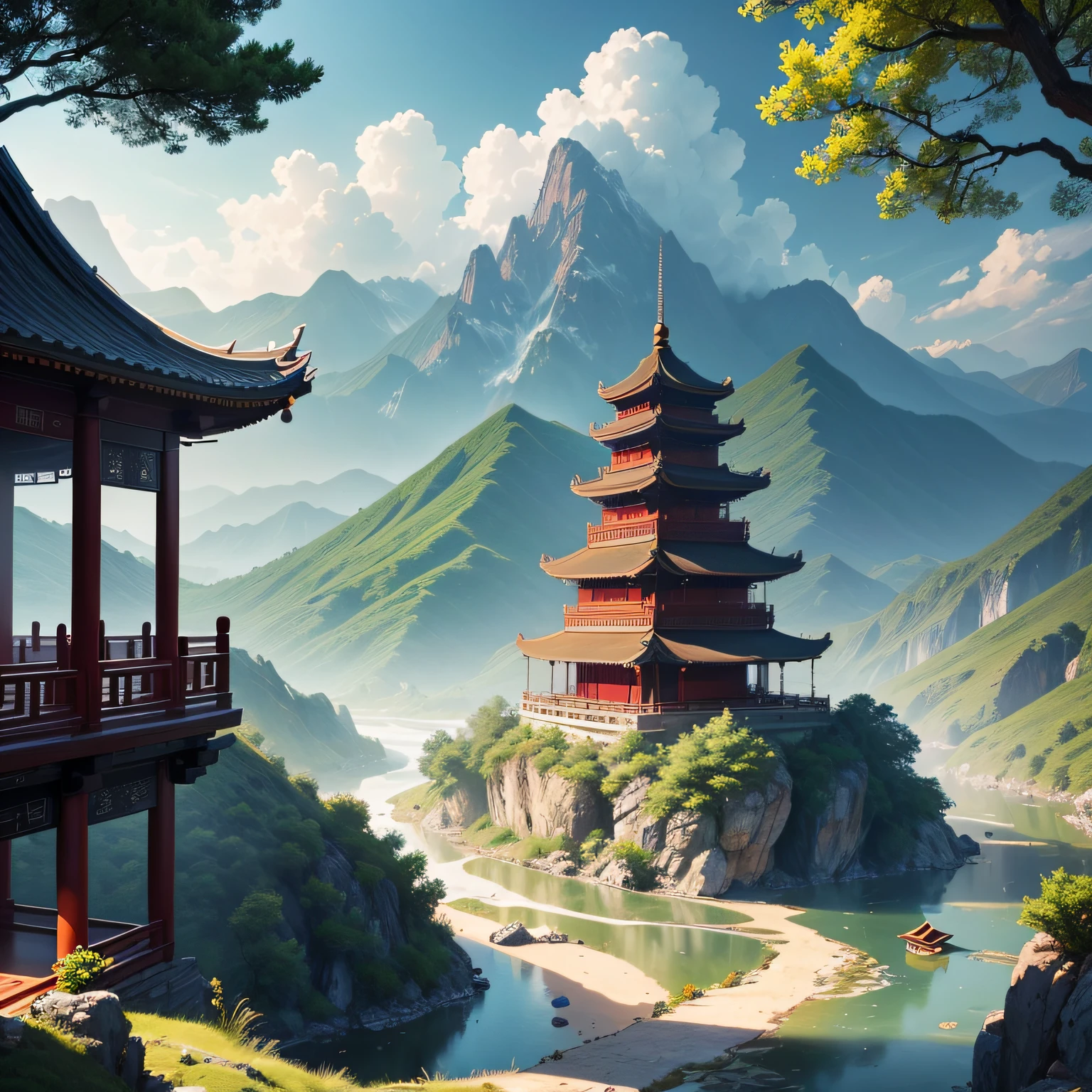 chinese wind mountains, river, auspicious clouds, pavilions, sunlight, masterpiece, super detail, epic composition, ultra hd, high quality, extremely detailed, official art, unified 8k wallpaper, super detail, 32k