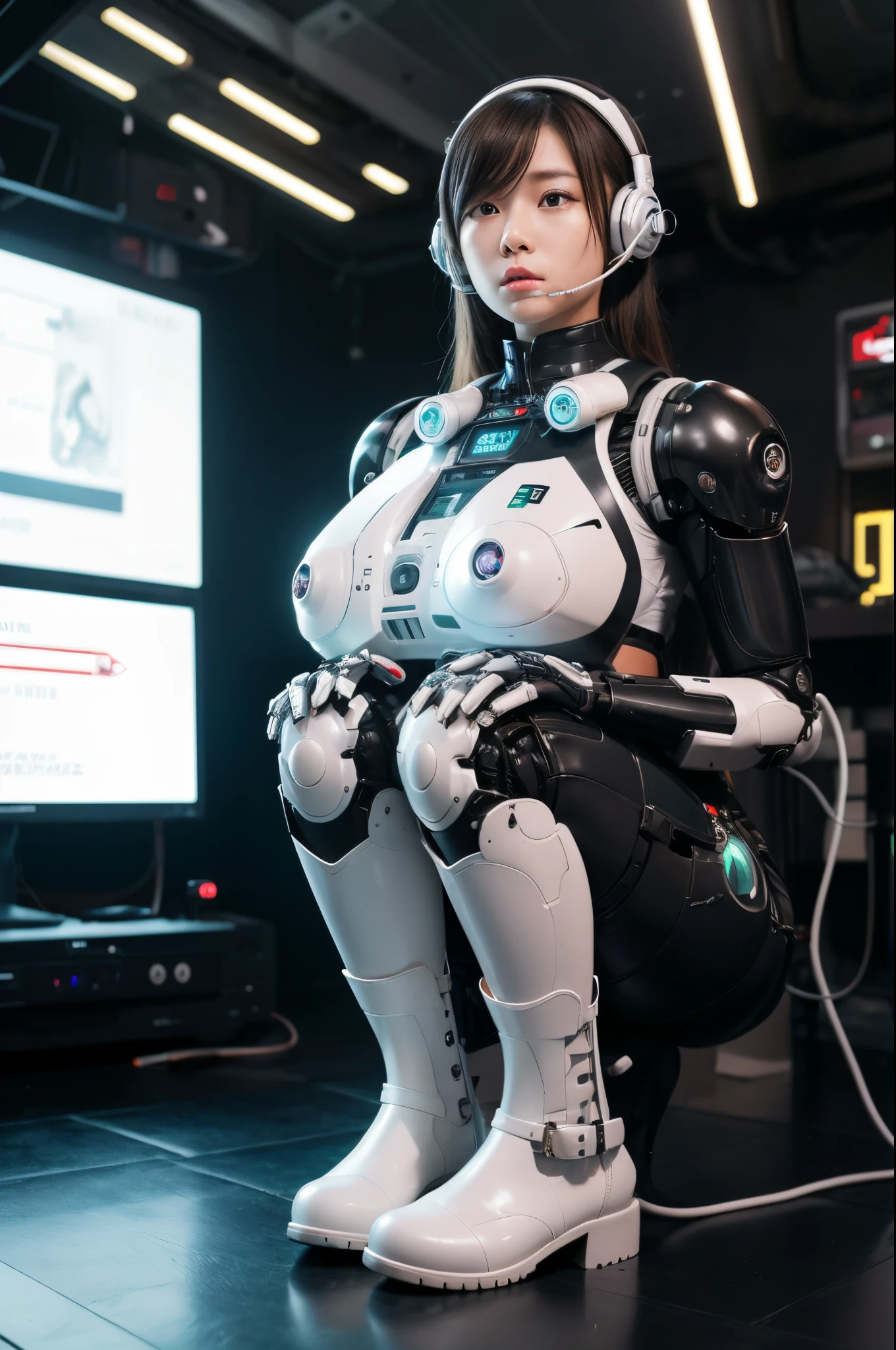 (Raw photo)Japaese Cyborg Girl ,Plump , White boots,announcer,headset on head,control panels,activate,Squat,android,droid,Mechanical Hand,ceramic body,full eyes