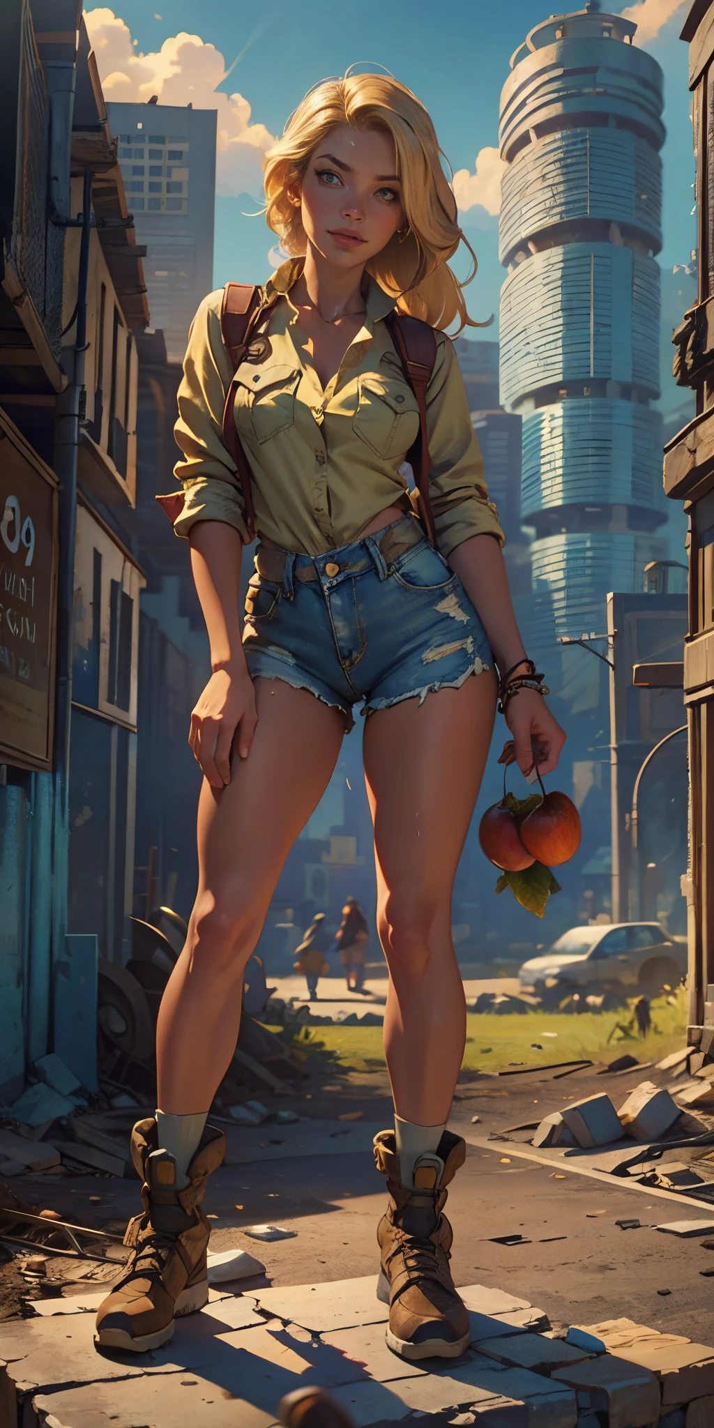 2076 year. The Urban Ruins of the Wasteland, Female huntress picking fruit in the garden, beautiful face, blonde, badly torn shirt and denim shorts , long legs, sweating through, sun rising, Nice warm colors, head to toe full body shot