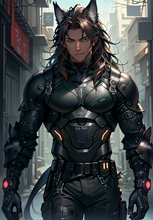 The ultra-detailliert, hight resolution, The ultra-detailliert, top-quality, astonishing, top-quality, Highly detailed CG Unity 8K wallpapers, Cinematic lighting, Cat Fanboy, cyberpunked, dark boy, slender, muscular, dark-skinned young man, dark brown long hair, Wolf ears, Green eyes,A sexy